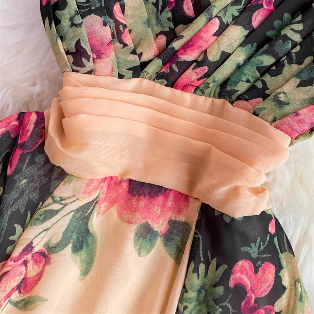 Vestido largo midi con estampado floral para mujer, sin mangas, de gasa, vestido vintage con cuello en V