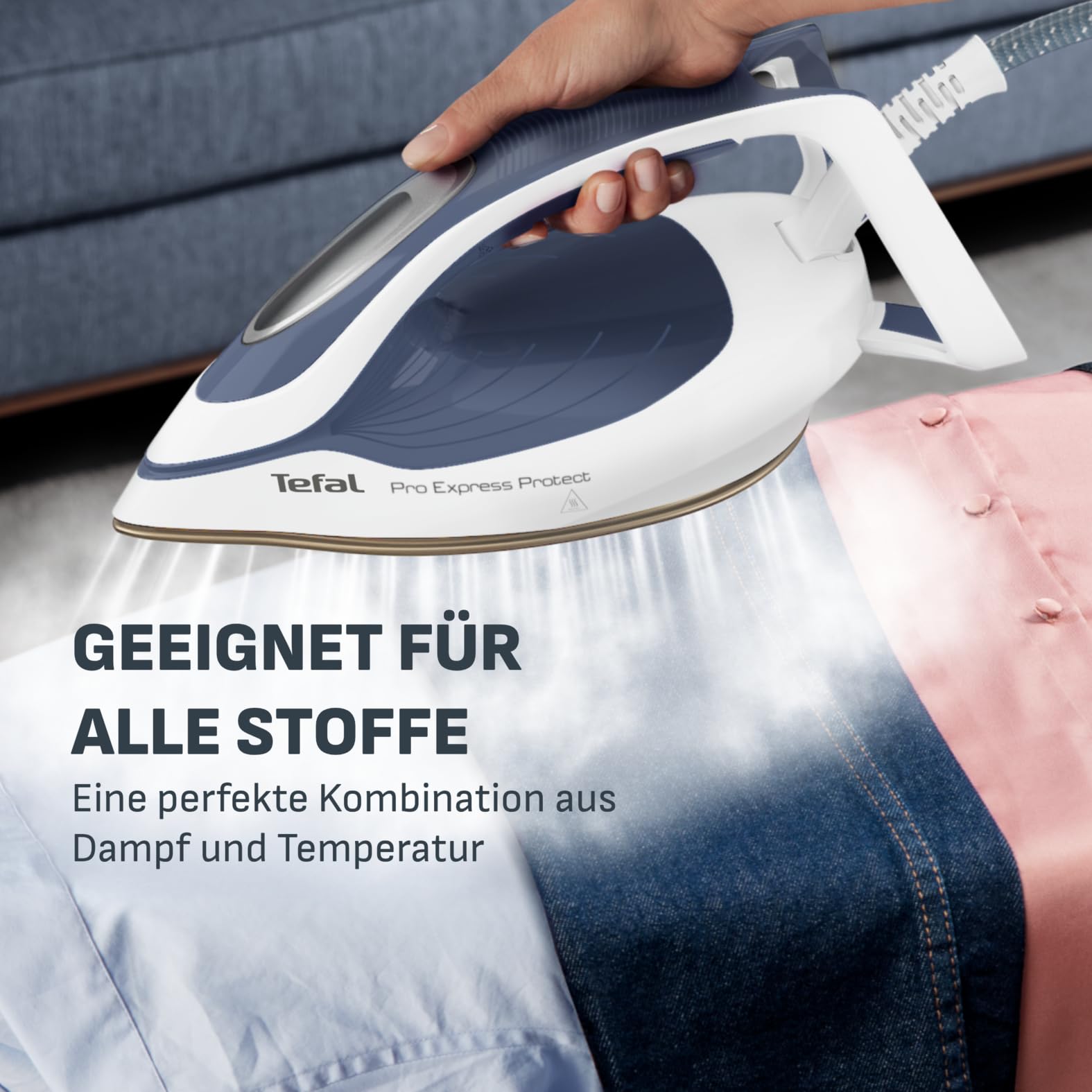 Tefal Pro Express Protect Dampfbügelstation, 7,6 Bar Dampfdruck, variable Dampfmenge: 140 g/Min., Dampfstoß: 550 g/Min., Anti-Kalk-Kollektor, vertikale Dampffunktion, blaugrau/weiß, GV9225