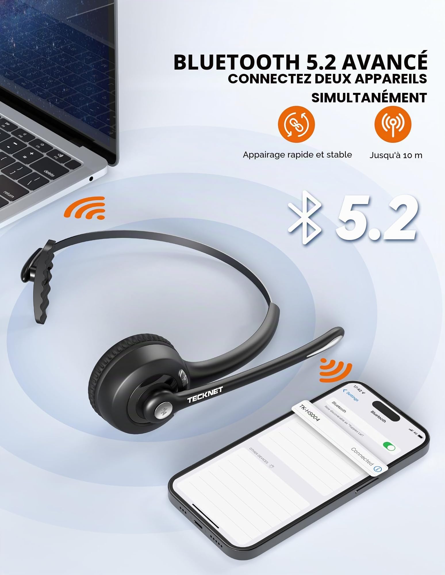 TECKNET Casque Bluetooth sans Fil avec Microphone Antibruit Mains Libres