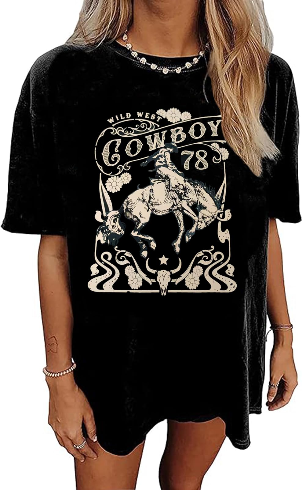 Women's Western Cowboy Shirts Vintage Rodeo Graphic Oversized Tops Country Music Tees Short Sleeve Cowgirl T-Shirt