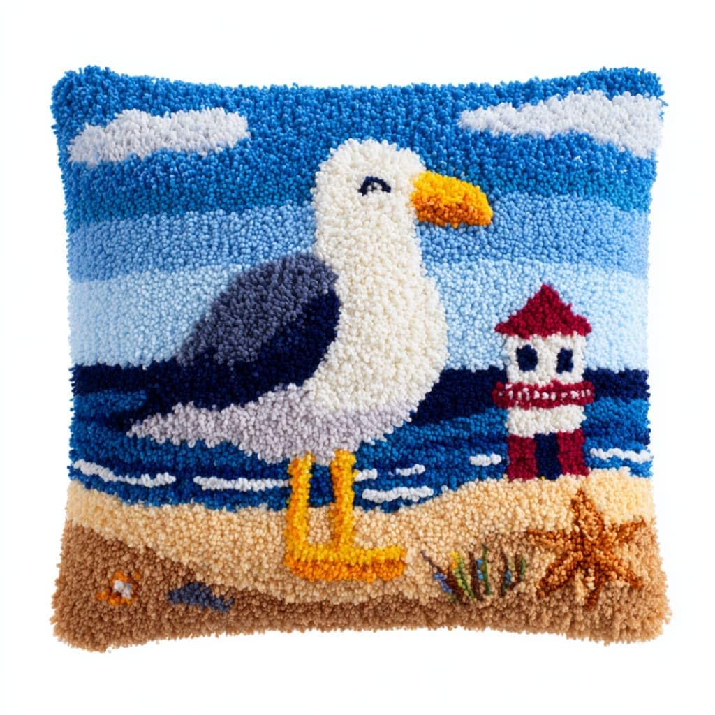 WallustrioaW Latch Hook Kit Cushion Seagull 43Cmx43Cm Latch Hook Kit DIY Pillow Materials Package Hooks Knitted Embroidered Carpet Pillow Embroidery