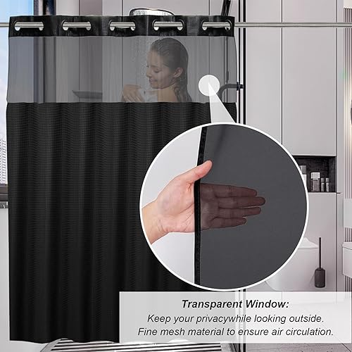 Vista 82 de Cortina de ducha de tortugas marinas, temática náutica de playa, verde y verde azulado, sin ganchos, punto gofre y forro desmontable, decoración