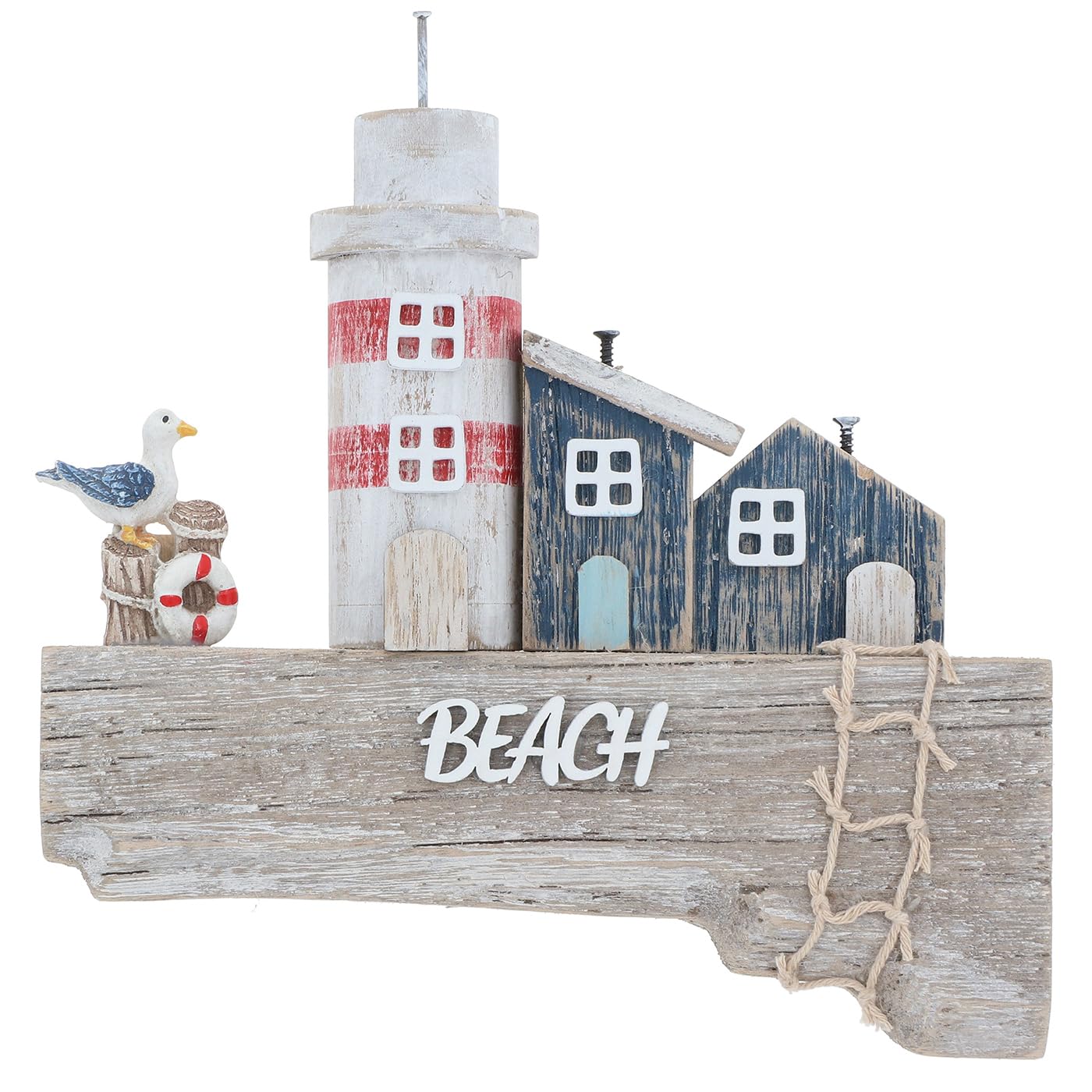 Shudehill Giftware Earth Tones, Blue, White Sandy Bay Hanging Plaque Ornament Decoration - Beach Rustic Themed Design With Lighthouse And Beach Huts (Lighthouses)