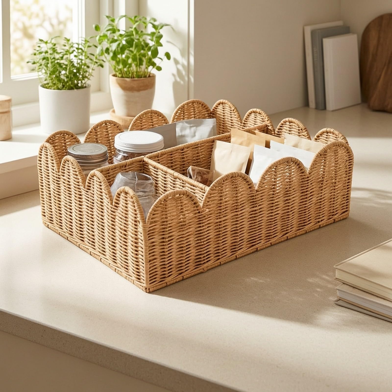 Panier En Osier Léger sign Naturel Chaleureux, Panier Rangement à Bords Ajrés, peu Profond, pr Cuisine, lon