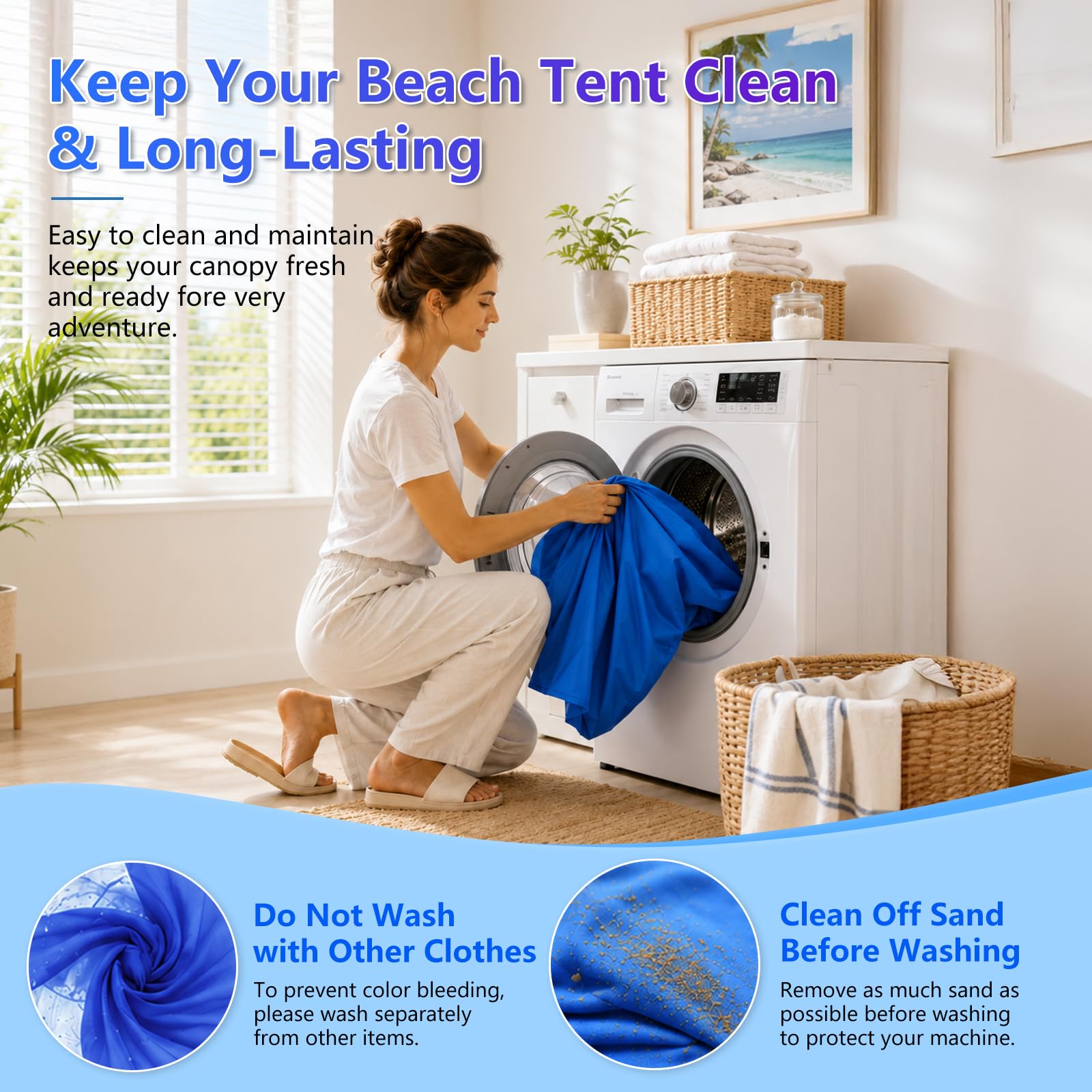 Tenda da spiaggia con protezione dai raggi UV, tenda da sole per gite in campeggio, tenda da spiaggia portatile, tenda da spiaggia con ancora di sabbia, asta in alluminio, 6.5x6.5FT, Blu scuro