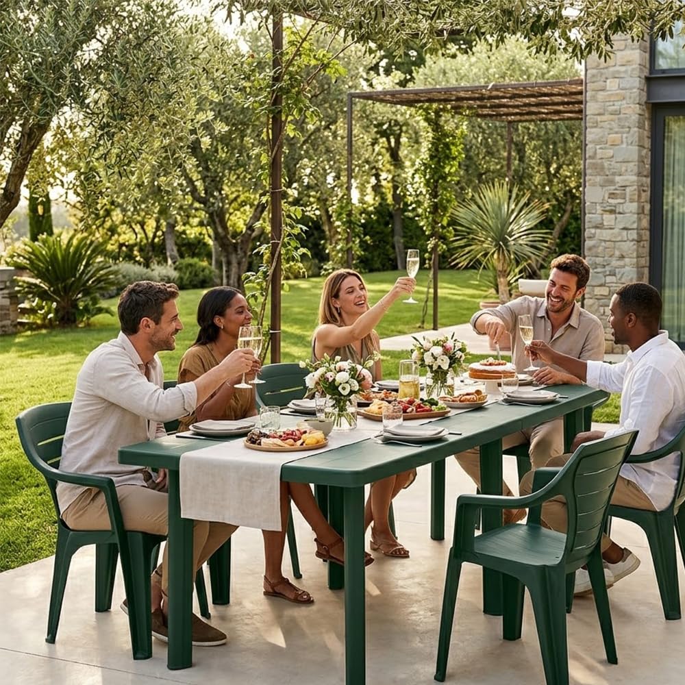 Tavolo da Giardino Allungabile in Resina Verde Alta Qualità Dimensioni 216x90x72 cm con 6 Gambe Rinforzate, rettangolare Ideale per Esterno Terrazzo e Veranda, Facile da Pulire