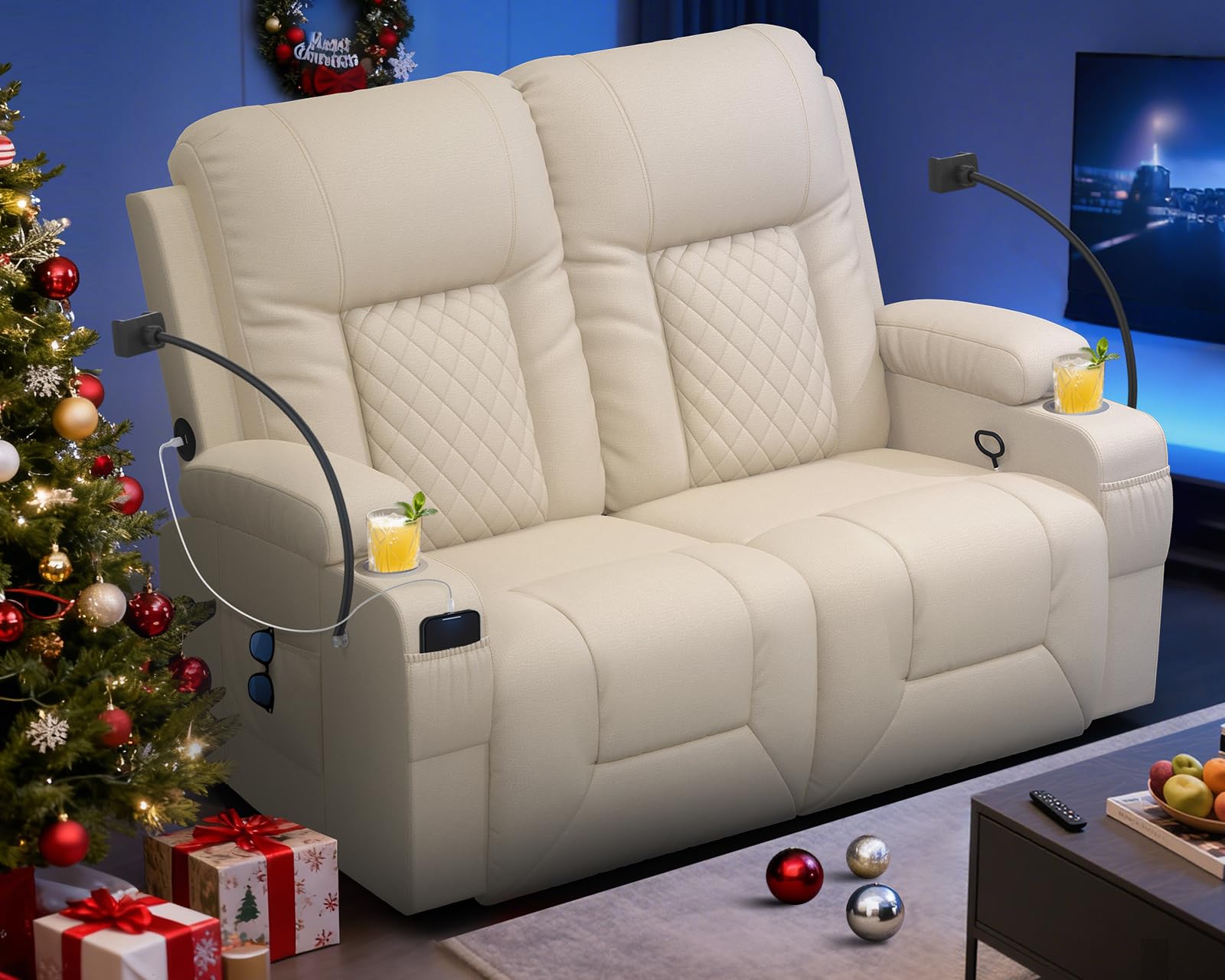 Loveseat Recliner Sofa, Home Theater Seating with Storage &amp; Pocket, Reclining Loveseat Sofa with USB Ports &amp; Phone Holders, Wall Hugger Recliner RV Couch Furniture