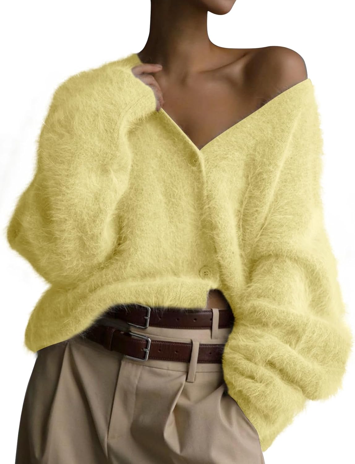 COZYPOIN Womens Fuzzy Mohair Cardigan Open Front Button Down V Neck Long Sleeve Sweater Slouchy Drop Shoulder Knit Coat
