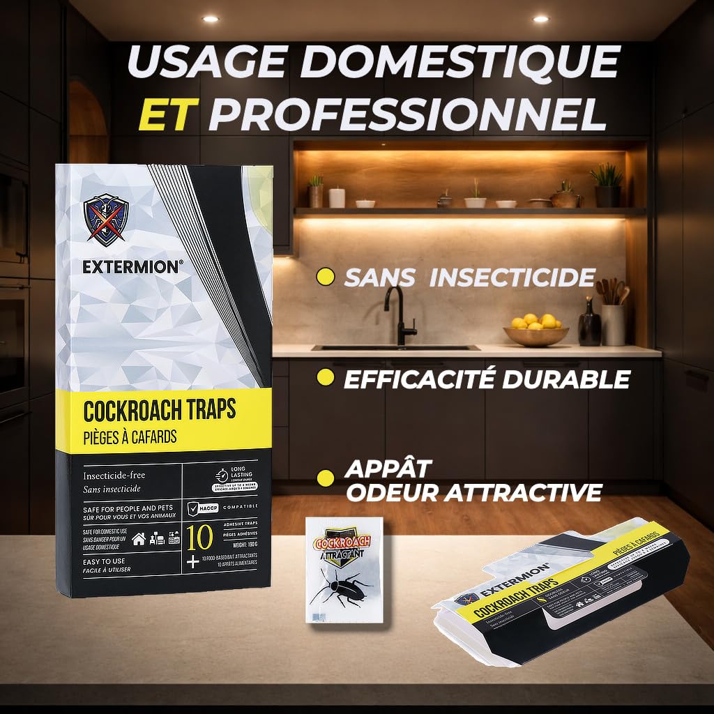 Pièges Cafards Collants avec Attractif – Kit 10 Pièges + 10 Appâts – Piège à Cafards/Blattes sans Insecticide