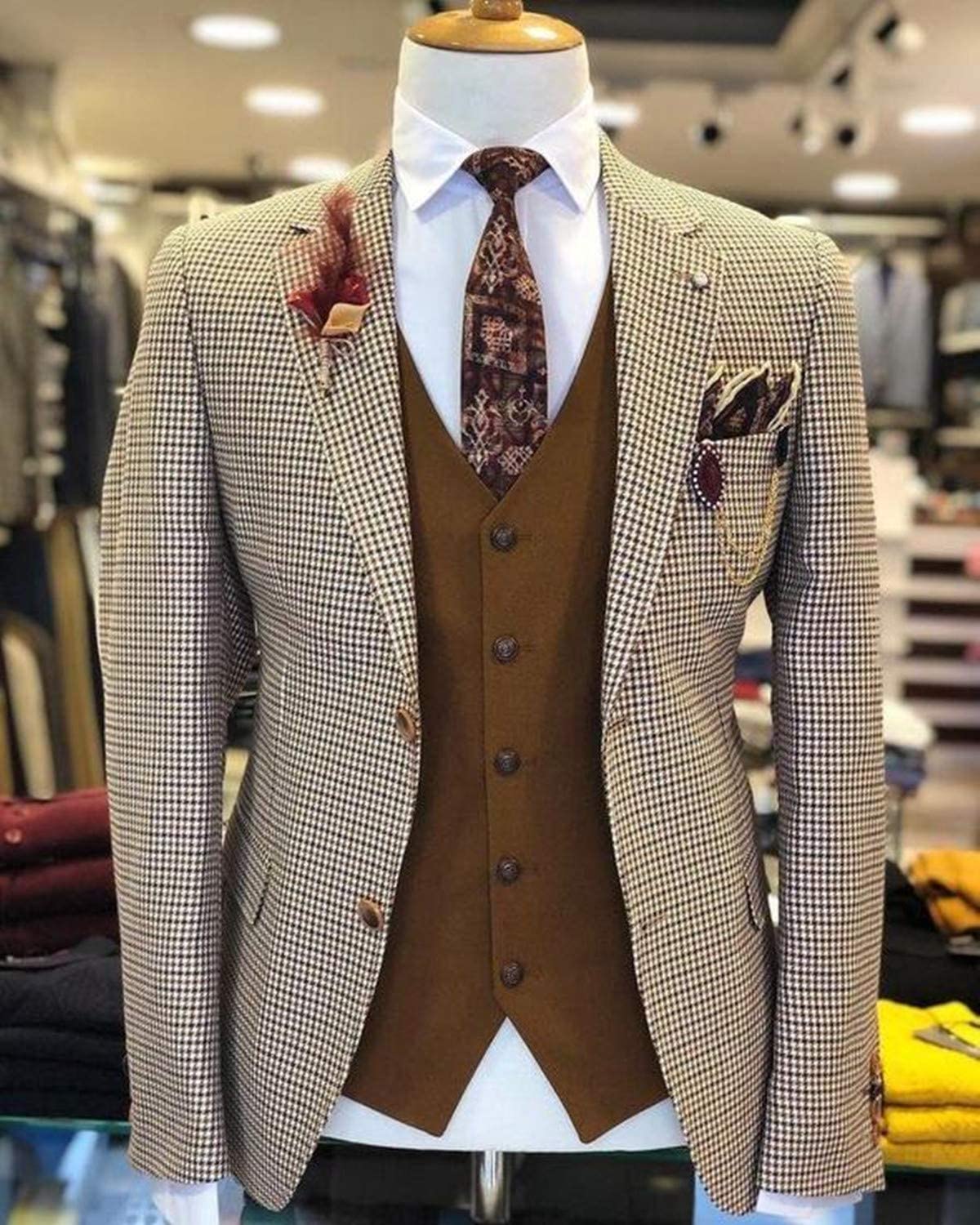 Kromoc Hommes Veste Manteau Pied-de-Poule à Deux Boutons avec Revers crantés pour Les dîners en Smoking