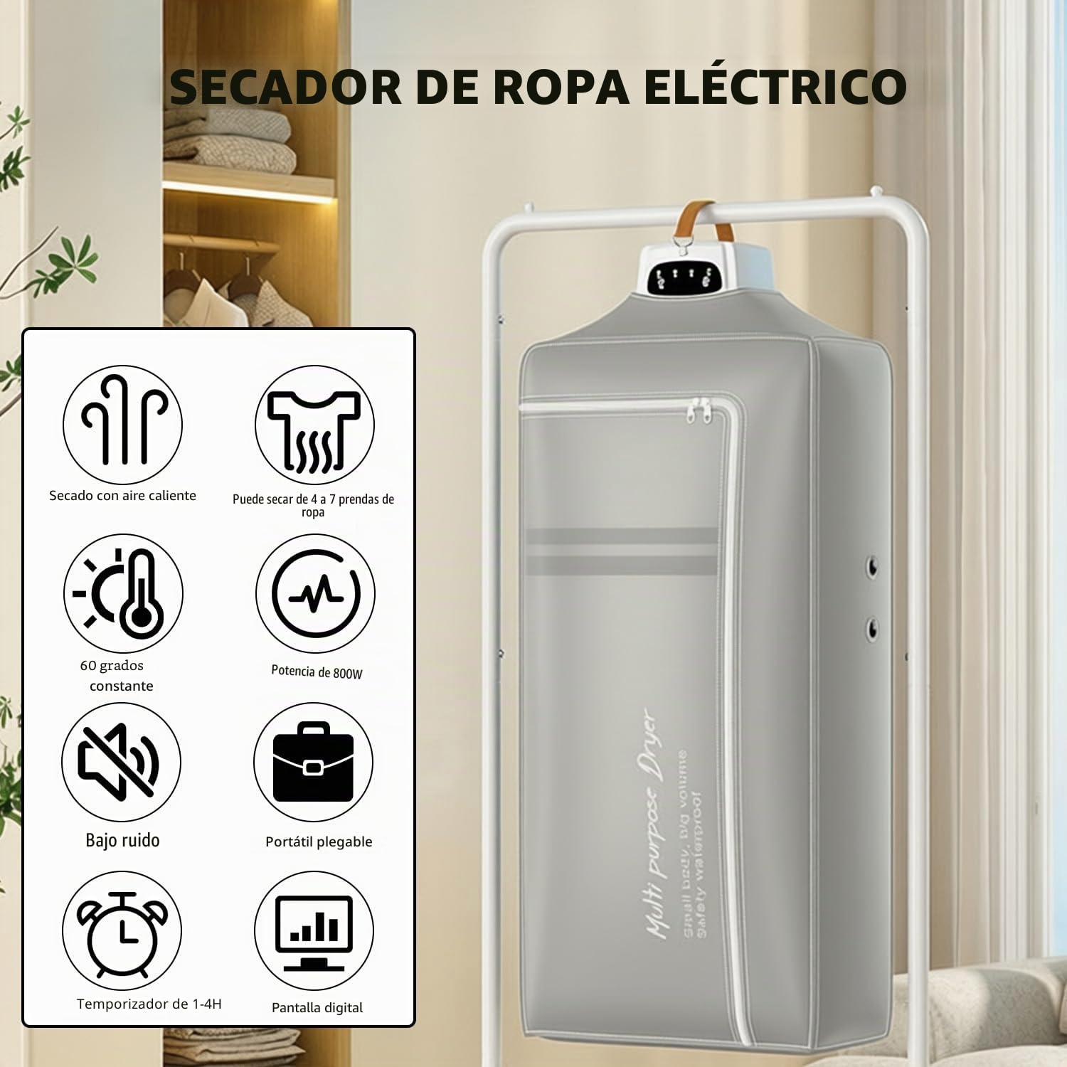 Secadora de ropa portátil, 600 W, plegable, minimáquina de secado con bolsa de secado, secadora de aire caliente eléctrica pequeña con secado de 360°, diseño de ranura de 7 niveles, mini secadora para