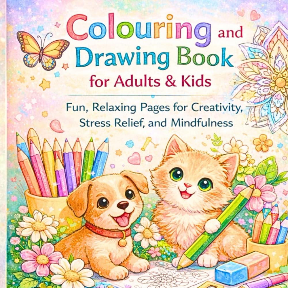 Colouring and Drawing Book for Adults & Kids: Cozy and Relaxing Stress Relief Coloring Book with Fun Animals, Mandalas, Nature and Creative Drawing Pages