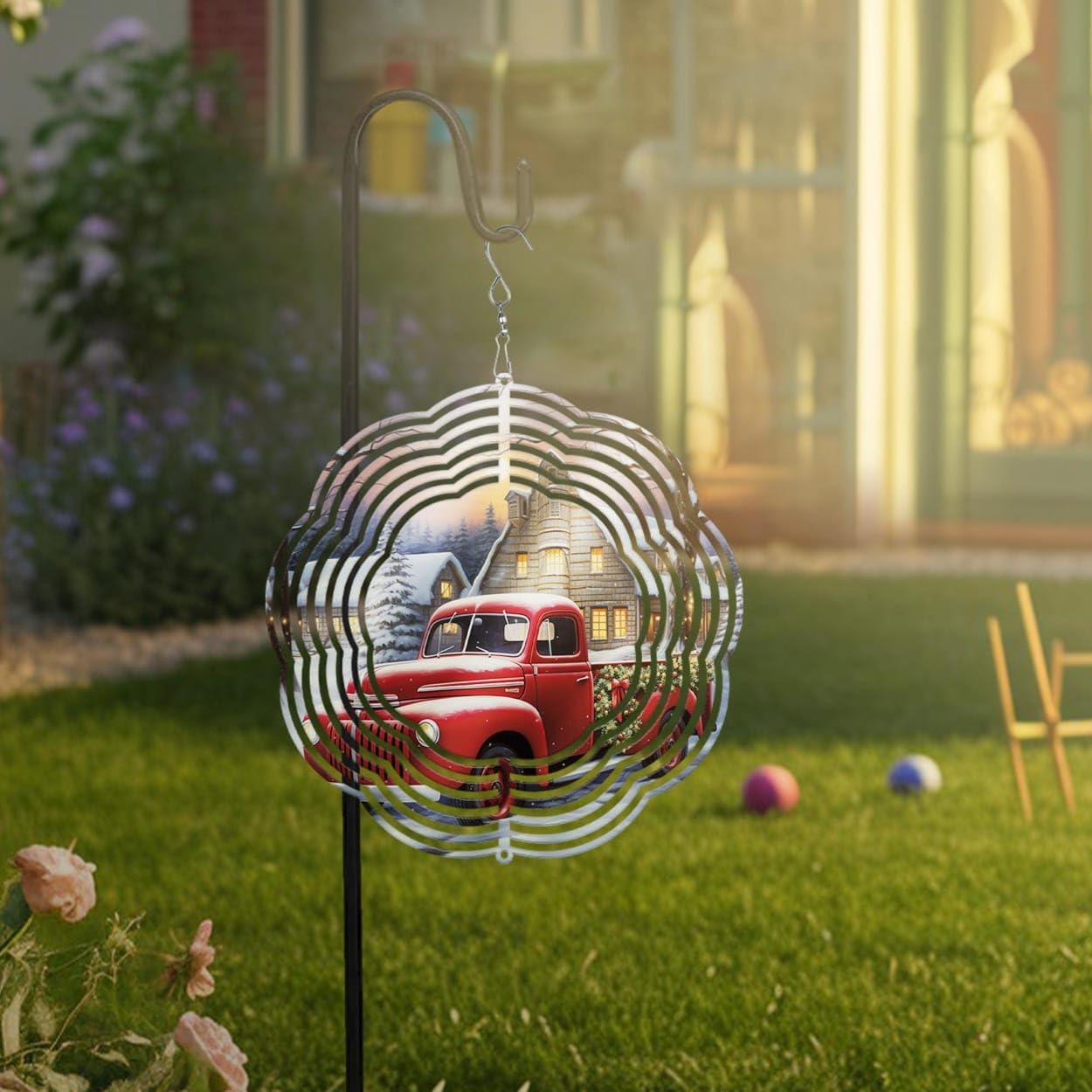 Red Truck Farmhouse Winter Christmas Wind Spinners 3D Stainless Steel Laser Cut Metal Double Sided Printing-Hanging Indoor/Outdoor Decorations Yard Gardening Decor,Metal Kinetic Art 16x16 inches
