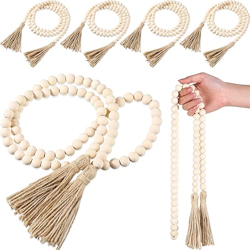 Geetery 6 cuentas de madera de 58 pulgadas con borlas, decoración rústica de campo, cuentas bohemias, decoración para colgar en la pared, cuentas de