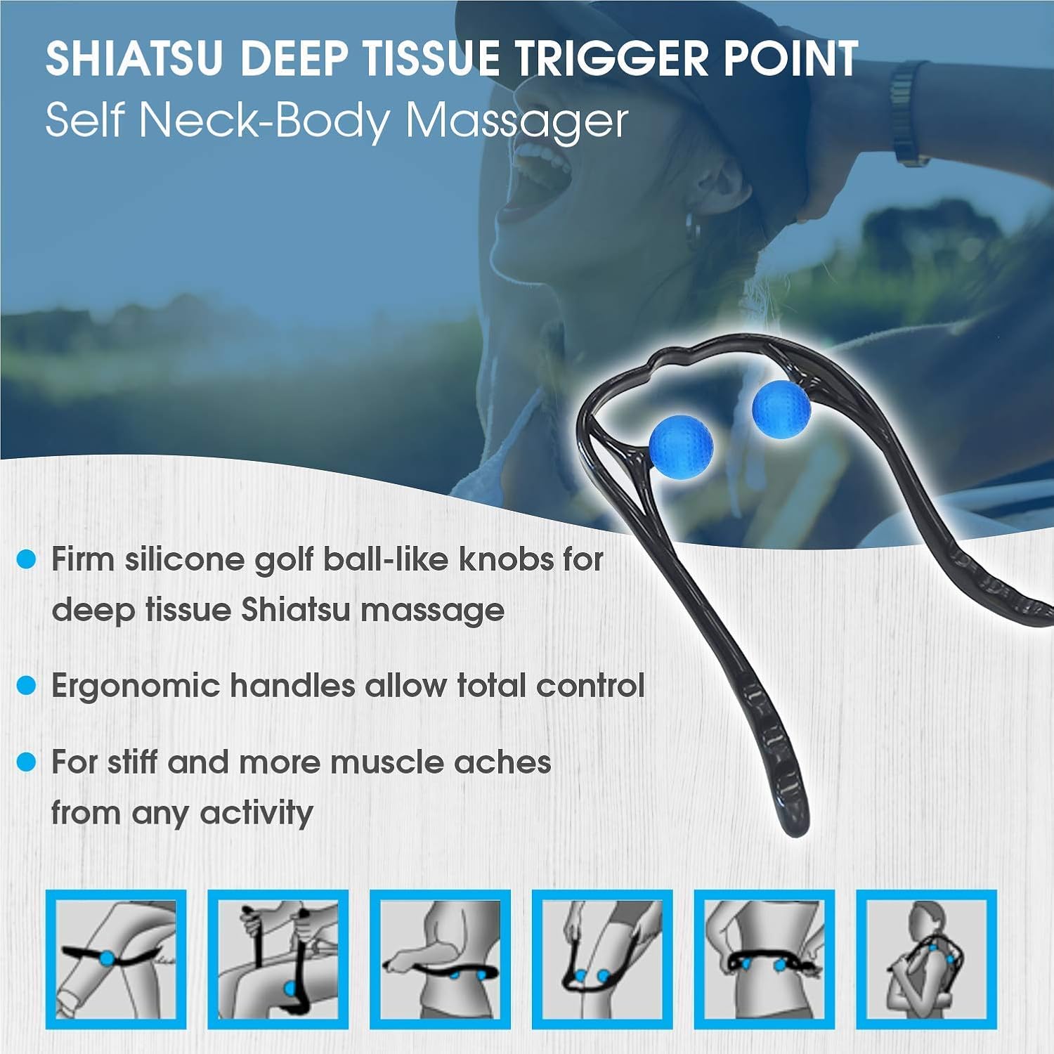 CuraCane Handheld Massager Neck, Back, Shoulders Knees by IntiMD | Тrigger Point Occipital Massage Stick Tool with Balls for Self Muscle Deep Tissue Massage, Relaxation, Tension Relief ● Lightweight : Health & Household