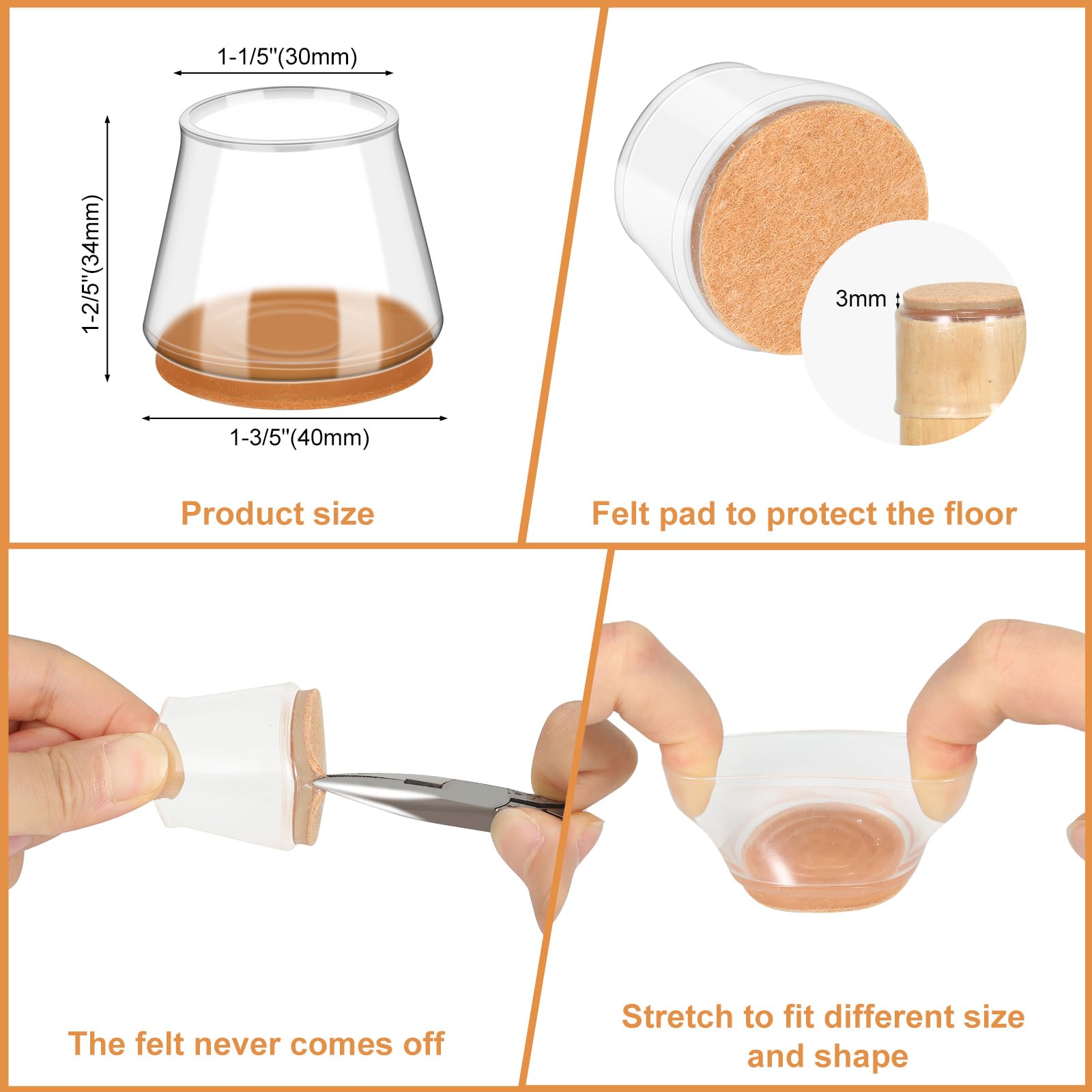 44 Pcs Chair Leg Floor Protectors - Large Clear Furniture Sliders Felt Pads For Hardwood Floors