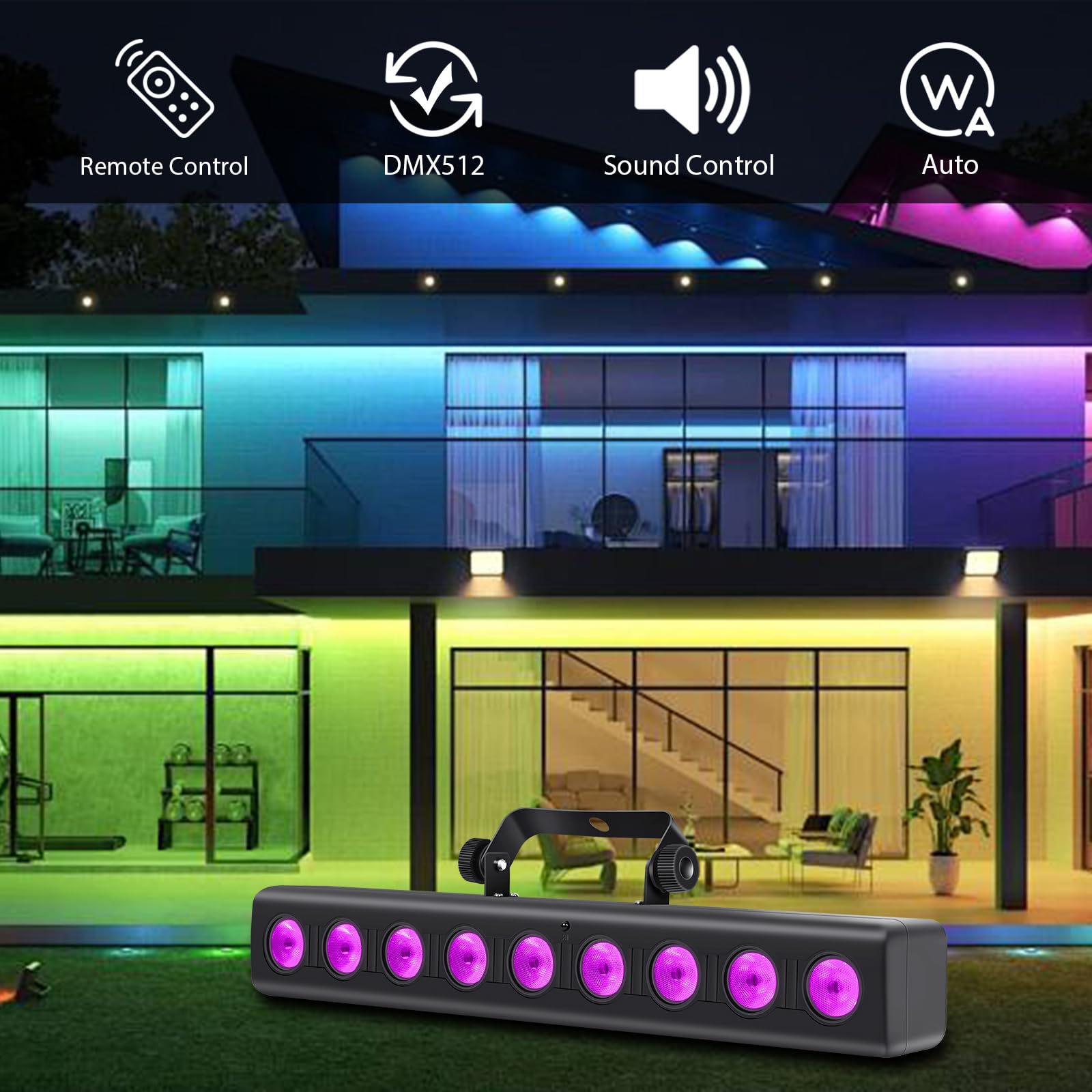 LED-Bühnenlichtleiste, 50 W, 9 LEDs, 4-in-1, RGBW, DJ-Bühnenlichter, Bar mit Fernbedienung, Soundaktiviertes DMX-Bühnenlicht für Kirche, Veranstaltungen, Hochzeit, Disco, Party, DJ-Lichter, 4