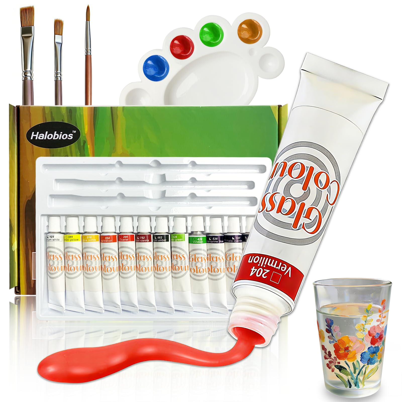 12 Color Glass Paint, Non-toxic High Saturation Color Glass Pigment, Glasses Paint for Decorative Design, Includes Palette and Brush