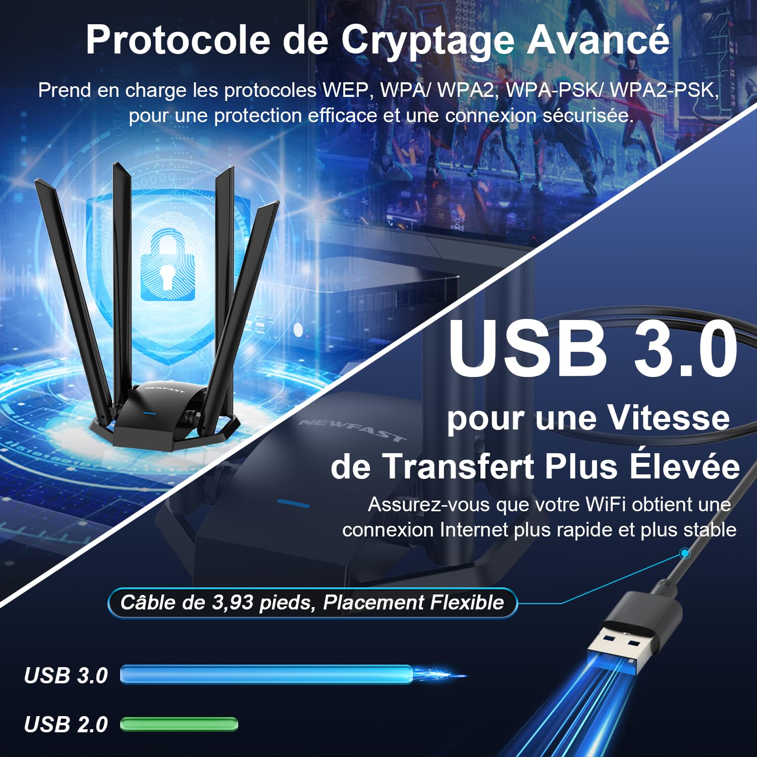 NEWFAST AC1300 Mbps Clé WiFi pour PC U329, Clé WiFi Puissante Double Bande 5G/2.4G Clé Wi-FI USB 3.0, MU-MIMO, Adaptateur USB Wi-FI avec 4 Antenne 6dBi, Compatible avec Windows XP/7/8/8.1/10/11