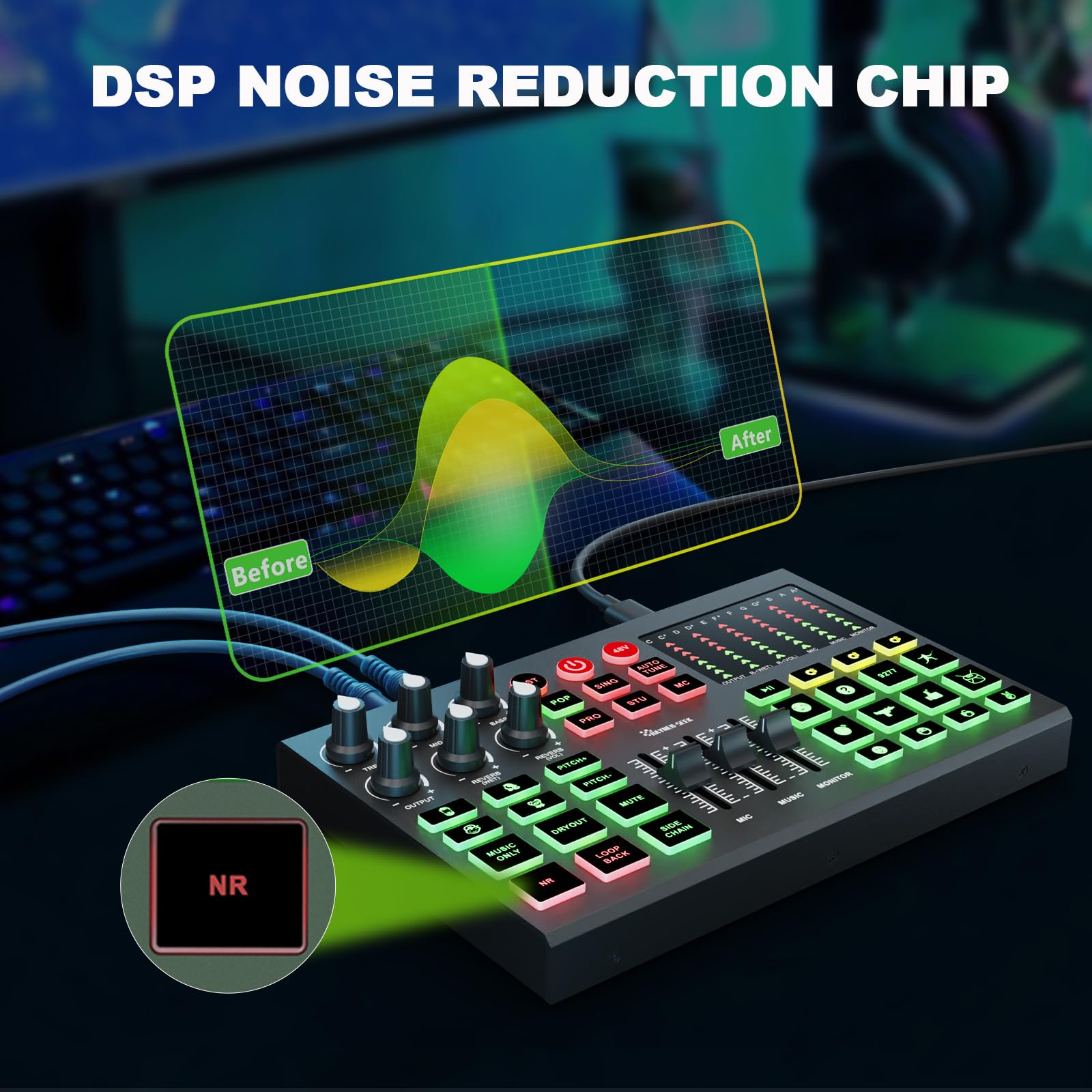 Podcast Equipment Bundle, 48V Kondensatormikrofon mit Streaming-Audio-Schnittstelle für Podcast-Aufnahme, Streaming, Gaming, Soundboard mit Sprachwechsel, Denoise PC, Smartphone, Tiktok