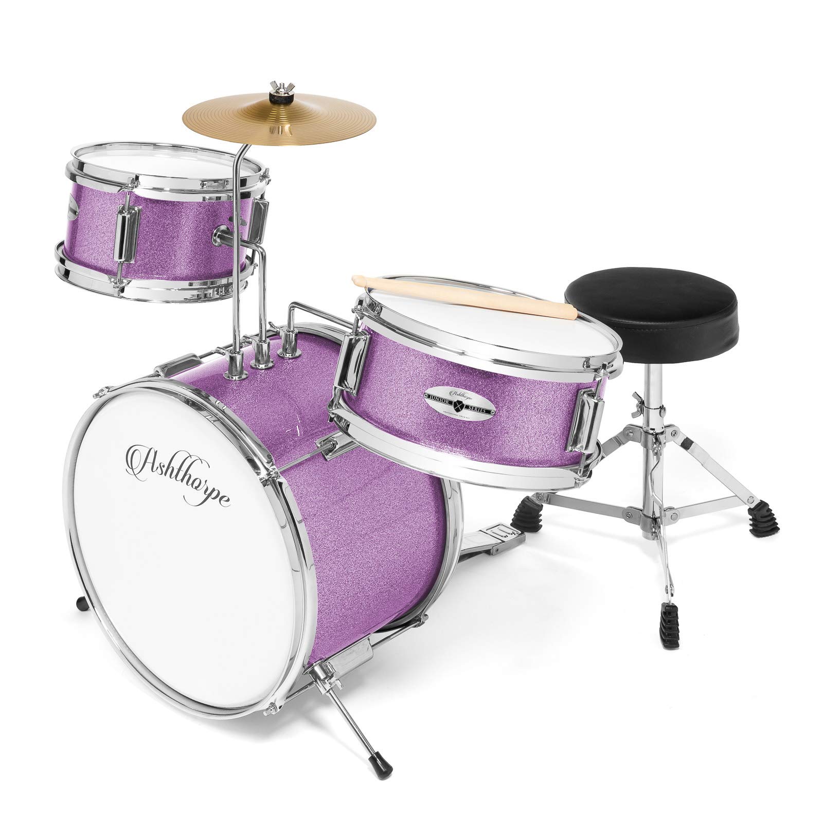 Ashthorpe 3-teiliges komplettes Schlagzeug-Set - Anfänger-Kit mit 35,6 cm Bass, verstellbarem Thron, Becken, Pedal & Drumsticks - Lila