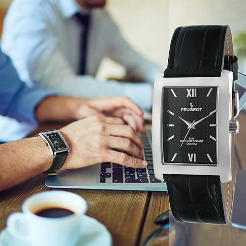 Miniatura 2 de Peugeot Reloj de pulsera para hombre con esfera de números romanos con textura rectangular y correa de cuero