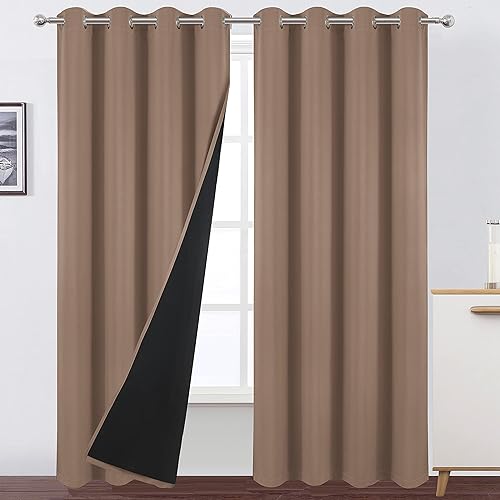 LEMOMO Cortinas capuchino 100% opacas con forro negro, 52 x 84 pulgadas, juego de 2 paneles con aislamiento térmico para oscurecer la habitación