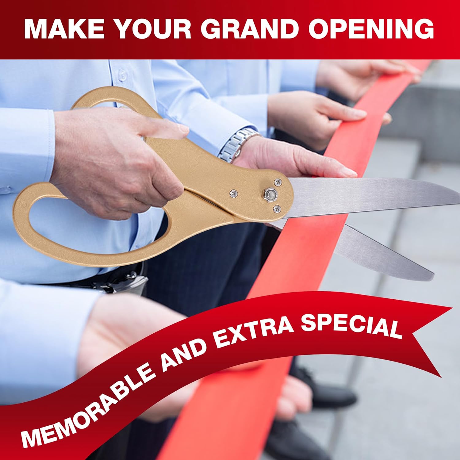 COMSIS Ribbon Cutting Ceremony Kit 20" Giant Scissors Set Sharp, Gold Handled, Elegant, Durable XL Scissors And 30 Feet Long 4" Wide Red Grand Opening Ribbon