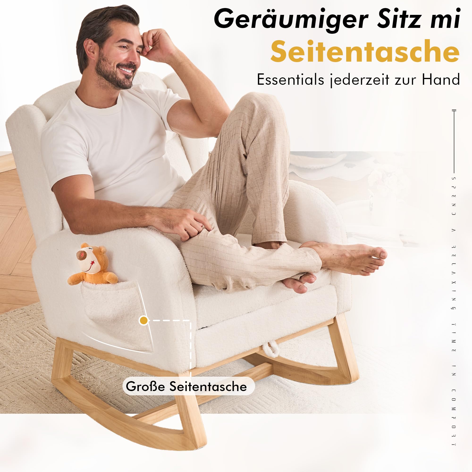 DEKKETO Schaukelstuhl mit Fußstütze, Großem Sitz und Seitentasche, Stillsessel Stillstuhl mit Ausziehbarer Beinauflage, Hoher Rückenlehne Rocking Chair für Wohnzimmer Innen, Teddy-Stoff, Weiß