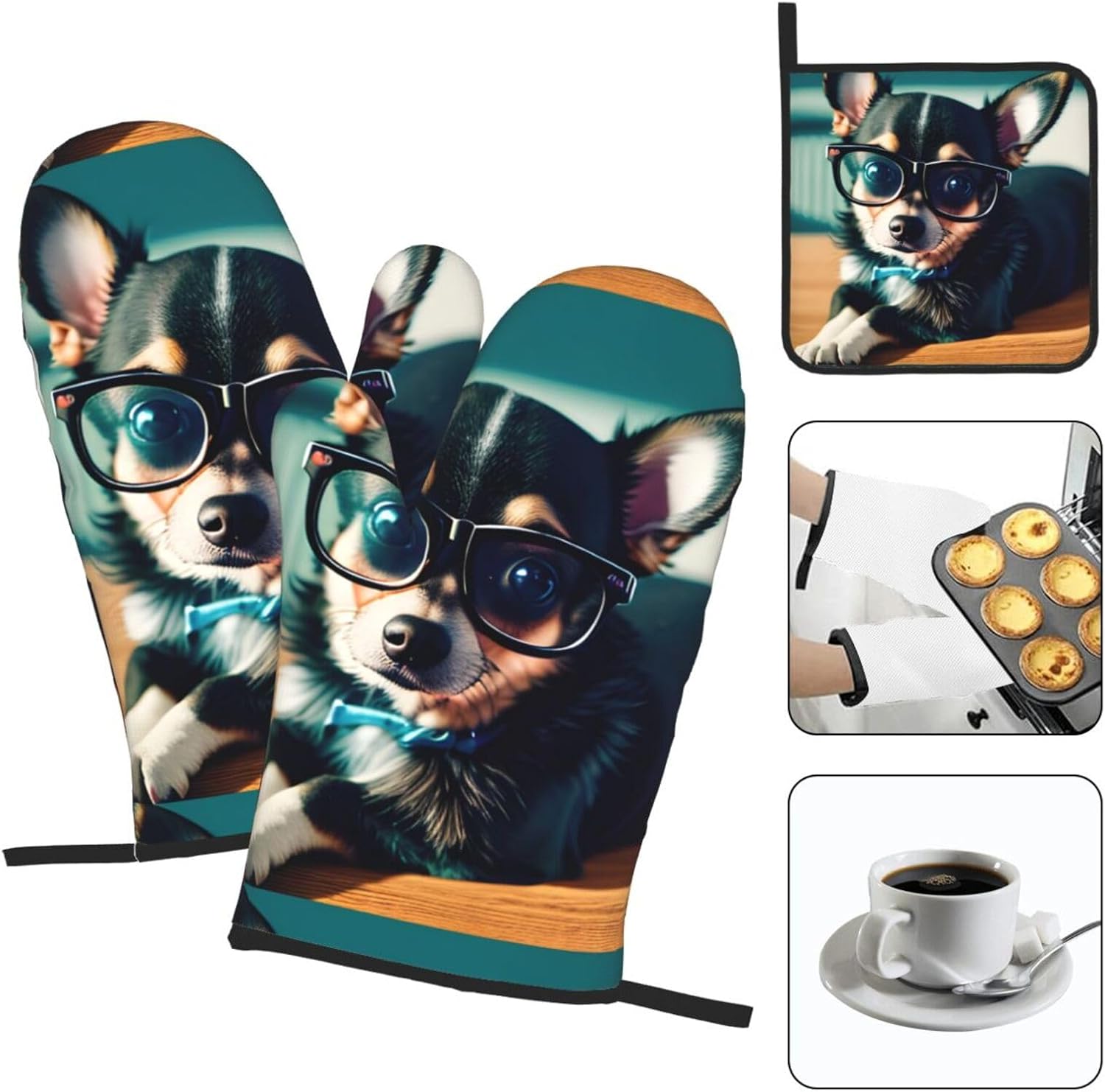 Chihuahua Dog Glasses Print Heat Resistant Microwave Gloves, Used for Baking, Cooking, and Fashion Kitchen Essentials