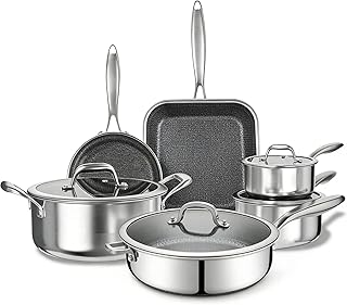 10-Piece Non-Stick Pots and Pans Set, Hybrid Stainless Steel Cookware Set with Lids, Nonstick Frying Pans, Saucepans, Sauté Pan, PFOA Free Skillet, Dishwasher and Oven Safe