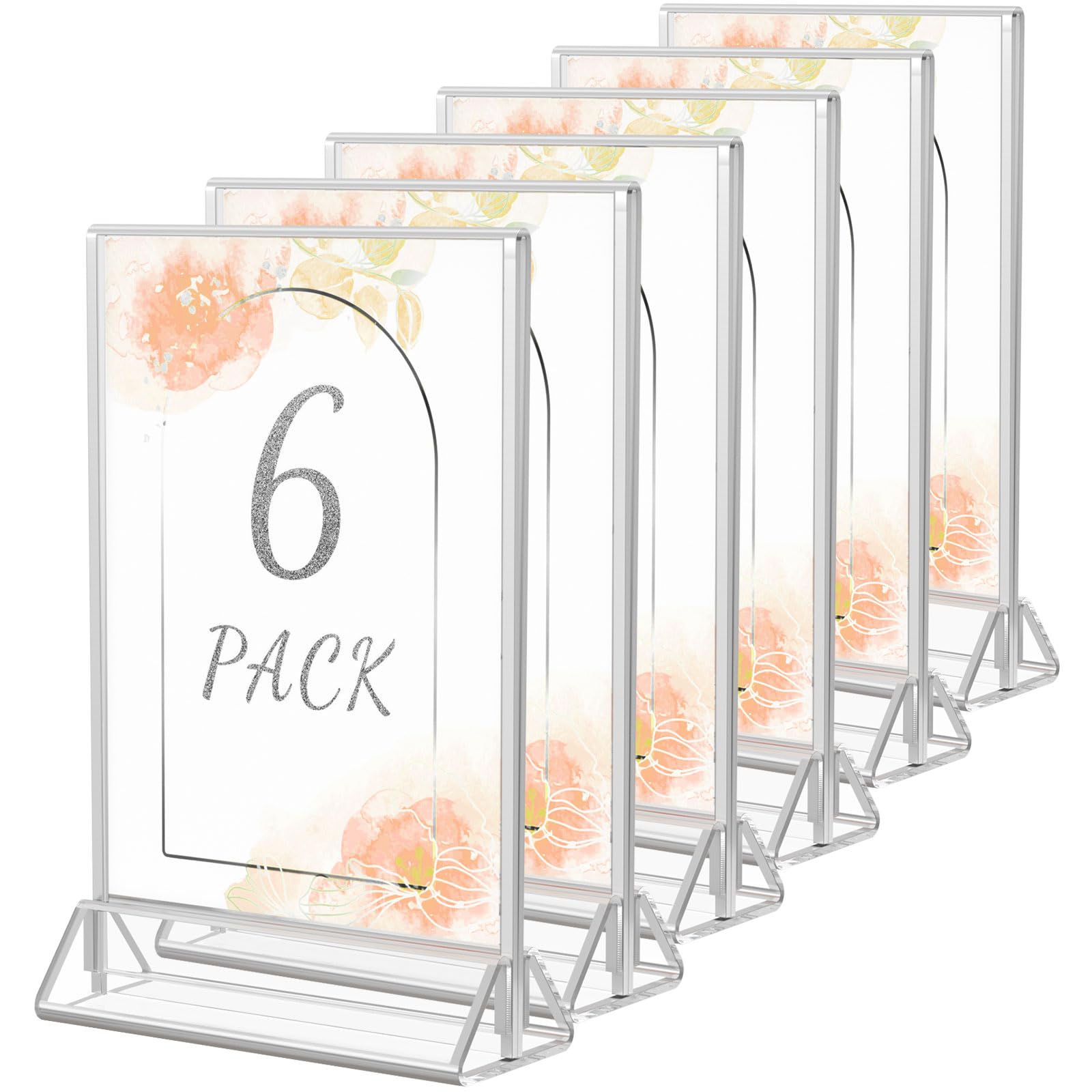 HIIMIEI Clear Acrylic Double Sided Frames 5x7 Wedding Table Numbers Holders Desk Menu Holders with Vertical Stand and 3mm Silver Border(6 Pack)