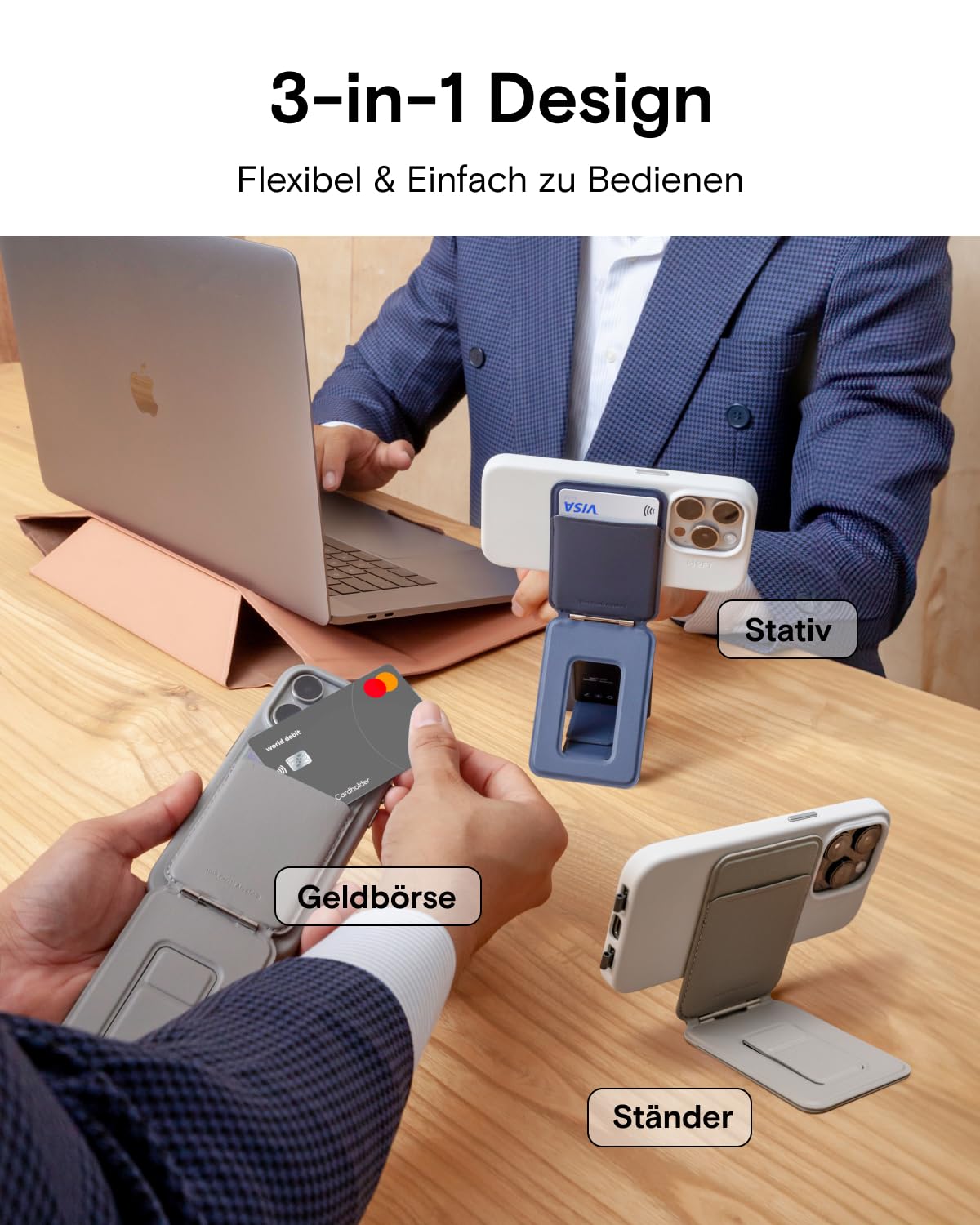 MOFT Kartenhalter & Handy Stativ Ständer, Kartenhalter Geldbörse mit Winkeleinstellung & Starken Magneten, Mini Selfie Stick Stativ für iPhone 17/16/15/14/13/12 Serie, Smartphone (Tiefes Schwarz)
