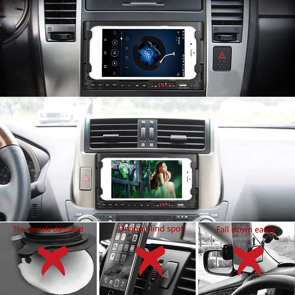 Wielofunkcyjny uchwyt samochodowy do telefonu z radiem Bluetooth 5.0, bezprzewodową ładowarką 15 W i portem szybkiego ładowania USB, odtwarzaczem MP3 AM FM do samochodów bez