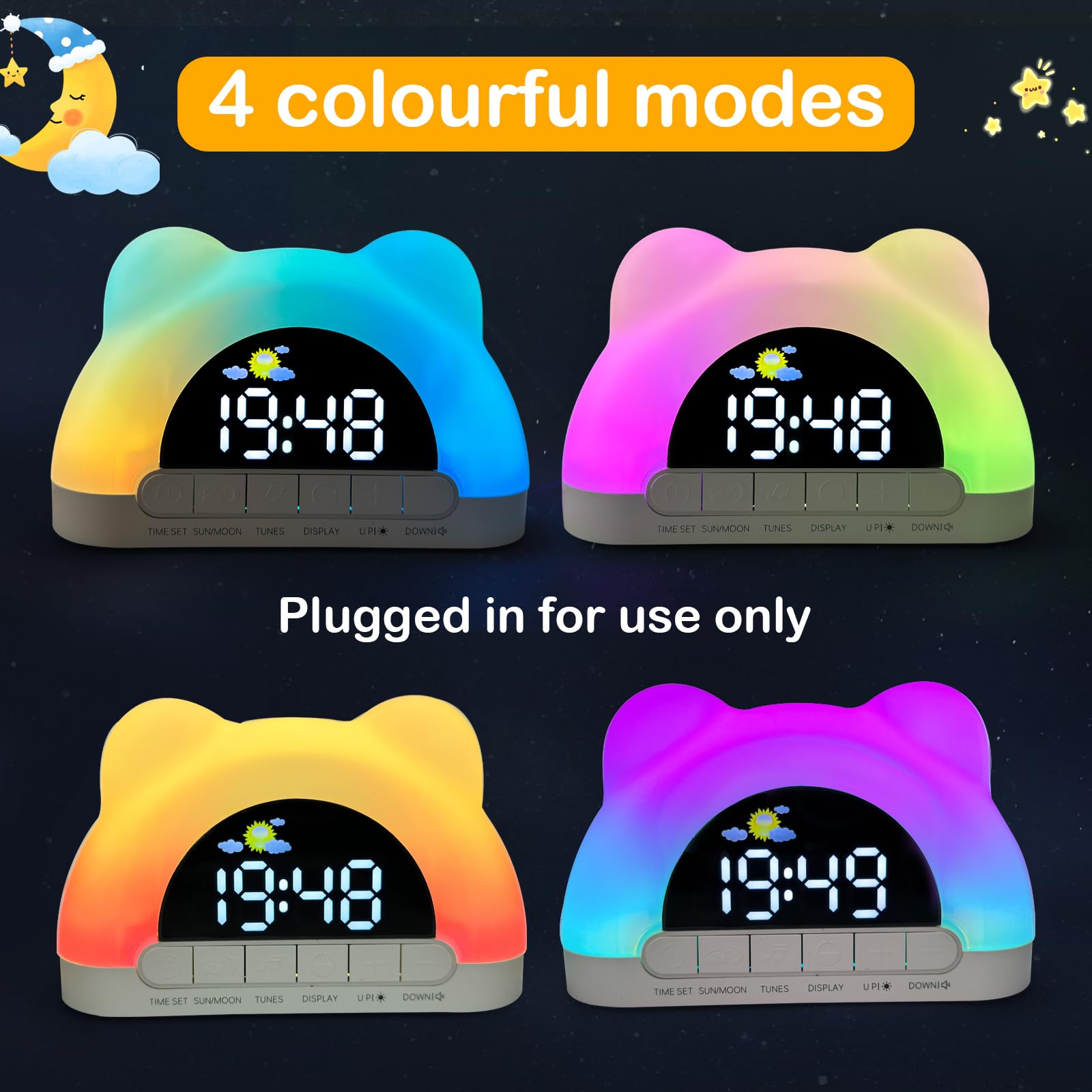 Seutgjie Réveil Ado Fille, Réveils Lumineux pour Enfants avec Entraîneur de Sommeil Machine à Sons 2 Alarmes Mode Snooze 12/24 Heures avec Port USB pour Garçons Fille