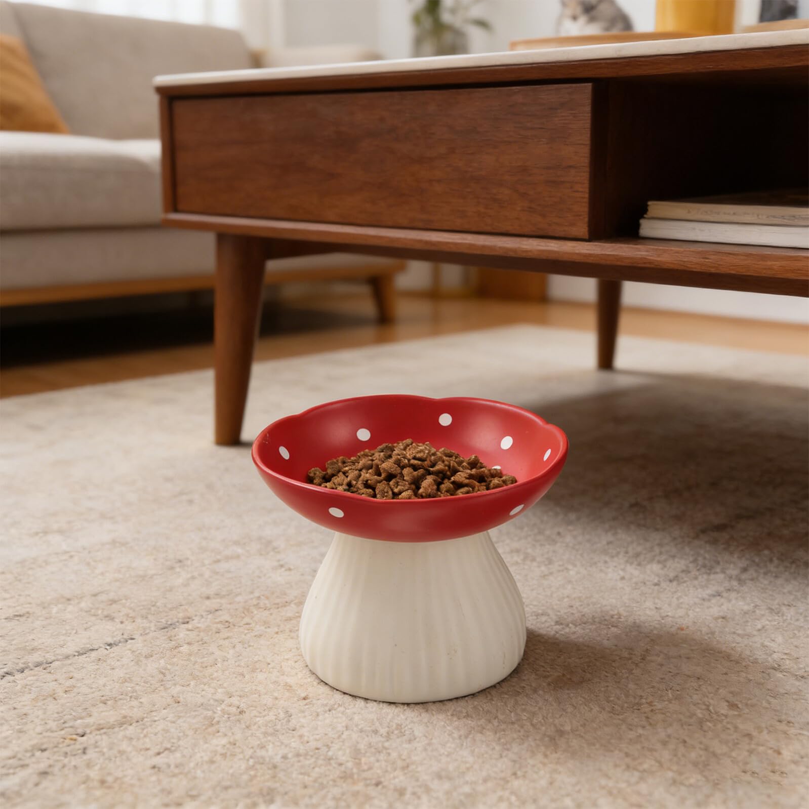 Ciotola Rialzata per Gatti e Cani in Ceramica a Forma di Fungo Rossa, Piatto Profondo Antiriflusso Base Antiscivolo, Alimentazione Ergonomica per Cuccioli e Animali Domestici