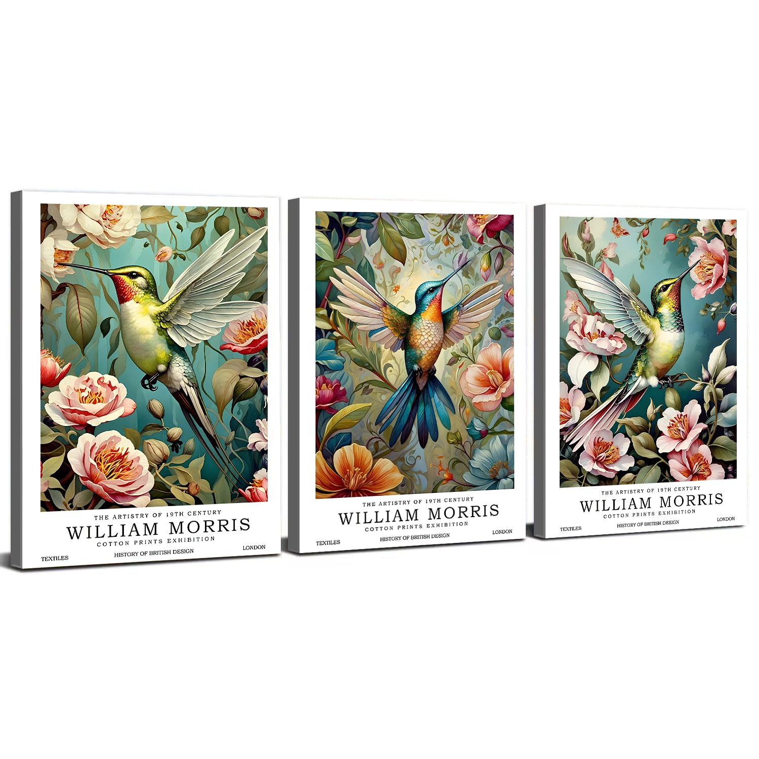 William Morris Prints Wall Art Hummingbird Floral Canvas Pictures William Morris Vintage Botanical Bird Posters Victorian Gallery Framed Artwork for Living Room Bedroom Hallway Office 30x40cm 3Pcs