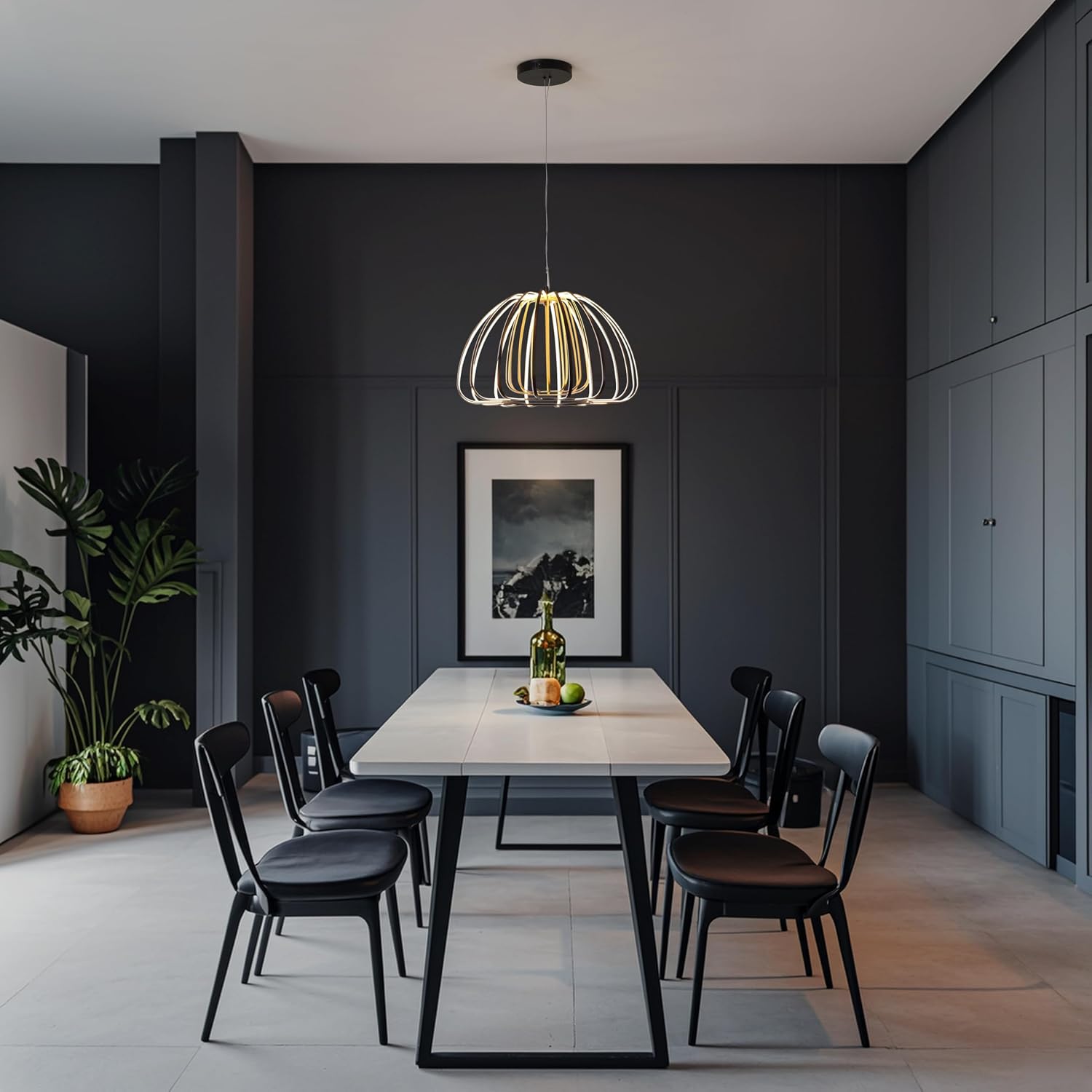 JONATHAN Y 23.5" Black/Gold Modern Glam Integrated LED Pendant Light, Metal Stripe Cage Shade in Gold/Black, Dimmable Adjustable Height for Kitchen Island, Dining Room JYL7147A