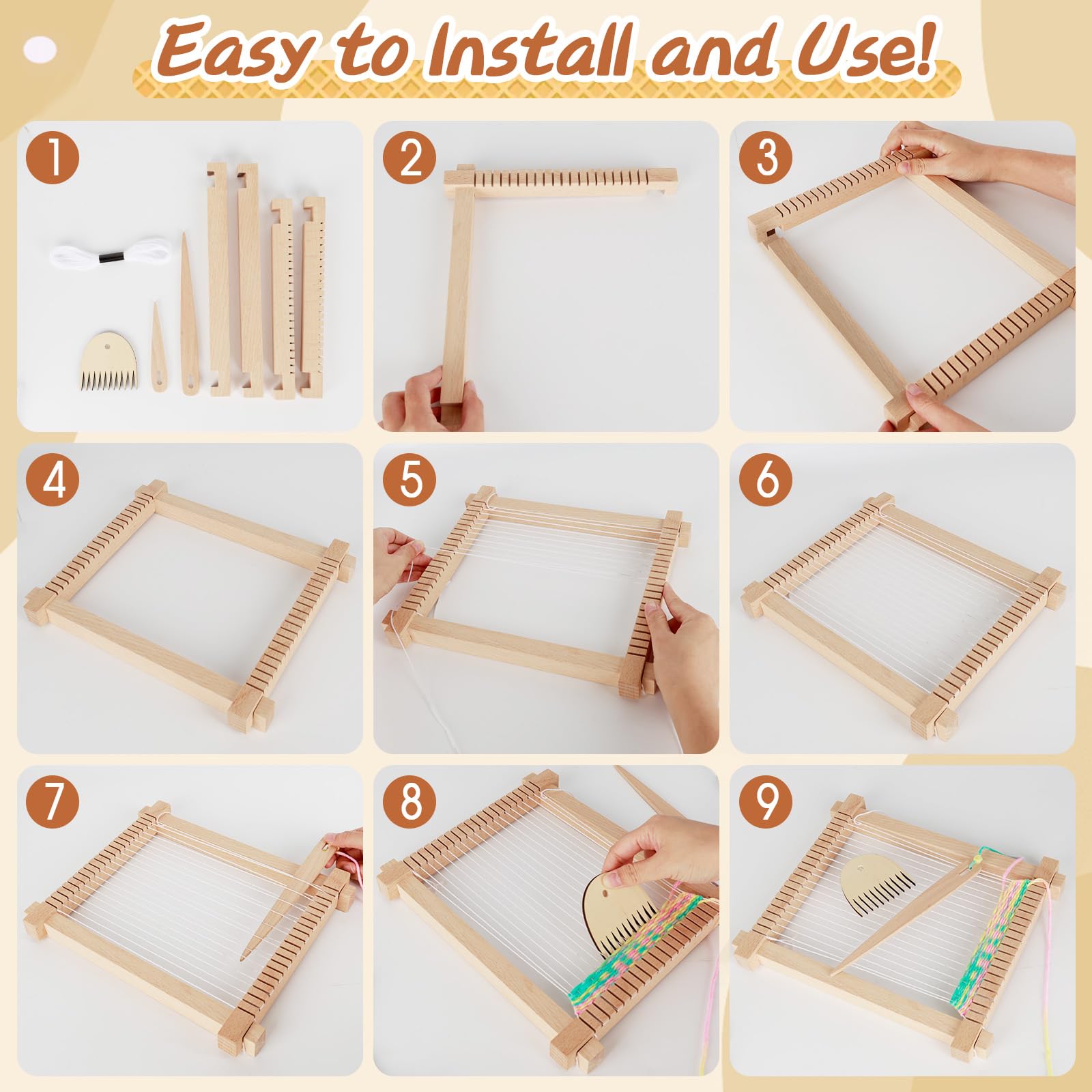 Telar de Madera niños, 28*24cm Telar de Madera para Tejer Con Lanzaderas/Peine/4 Carretes de Hilo de Lana, Kit de Marco de Madera para Tejer para Hacer Alfombras, Posavasos, Adornos de Pared, Bufandas