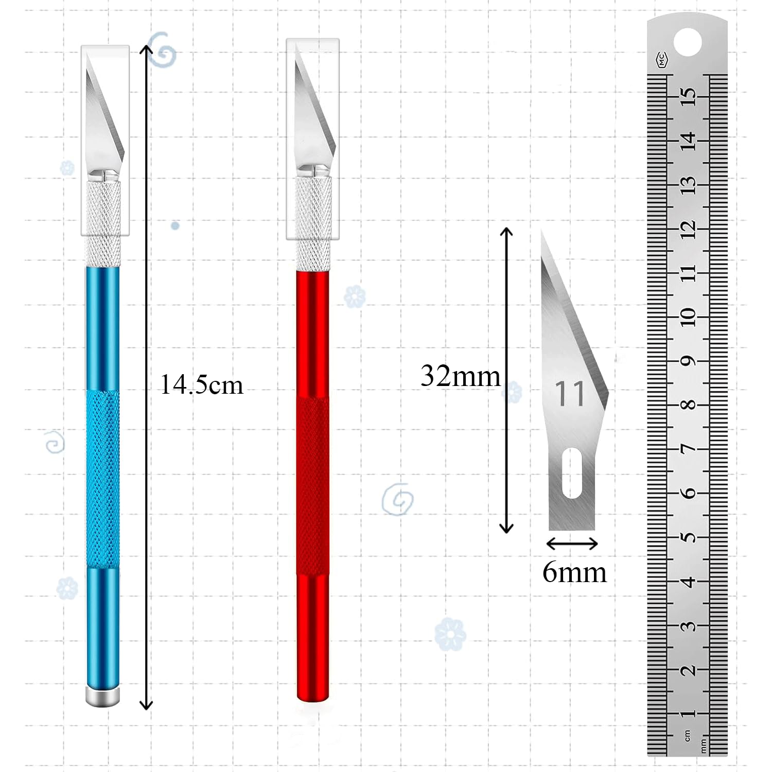 Skalpell Basteln Set mit 2 Stücke Bastelmesser Skalpell(Rot+Blau), 10 Stücke Skalpells Klingen, Edelstahl Lineal und Kunststoffbox, 145mm Bastelskalpell für DIY Art Work Cutting