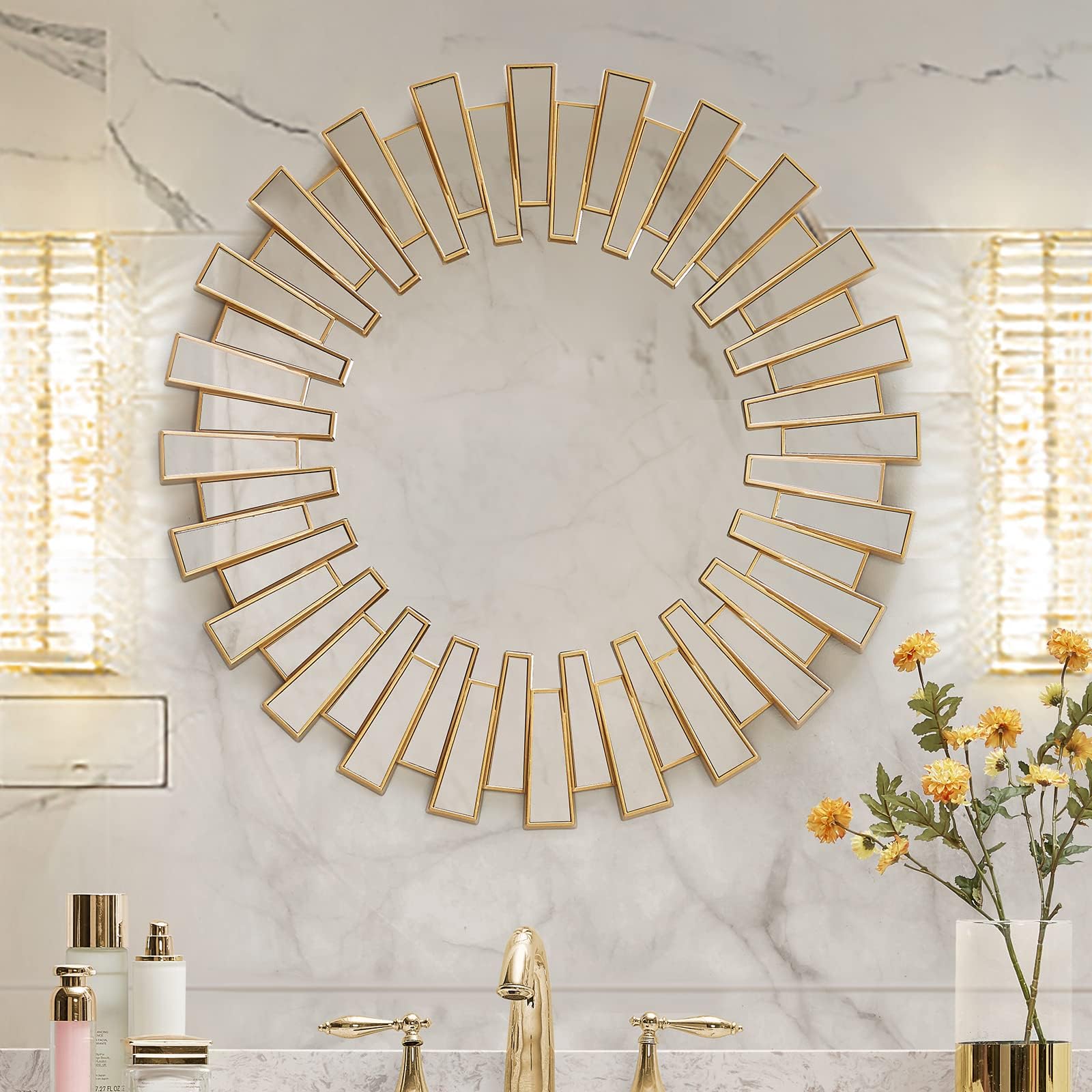 Luxury Gold Circular Wall Mirror Round Mirrors for Wall Decor Large Modern Glass Mirror Wall-Mounted Frameless Hanging Accent Mirrors Home Decorative for Living Room Bathroom Fireplace 66cm