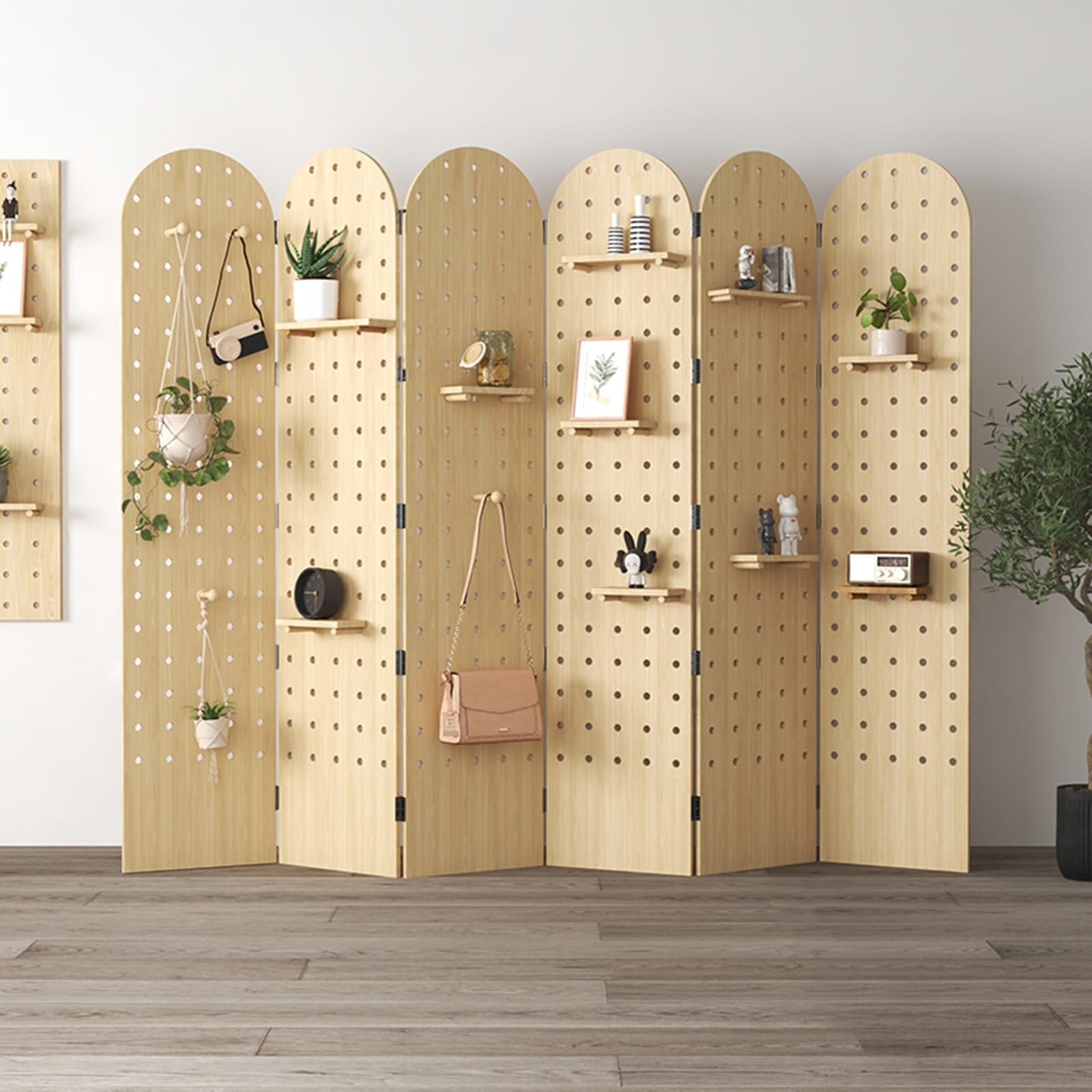 Pegboard-Raumteiler, Raumteilerwand aus Holz mit Stützfüßen, 2/3/4 Paneele, Pegboard-Trennwand, für Schlafzimmer, Basar, Juweliergeschäft (weiß, 180 x 40 cm – 2 Paneele)