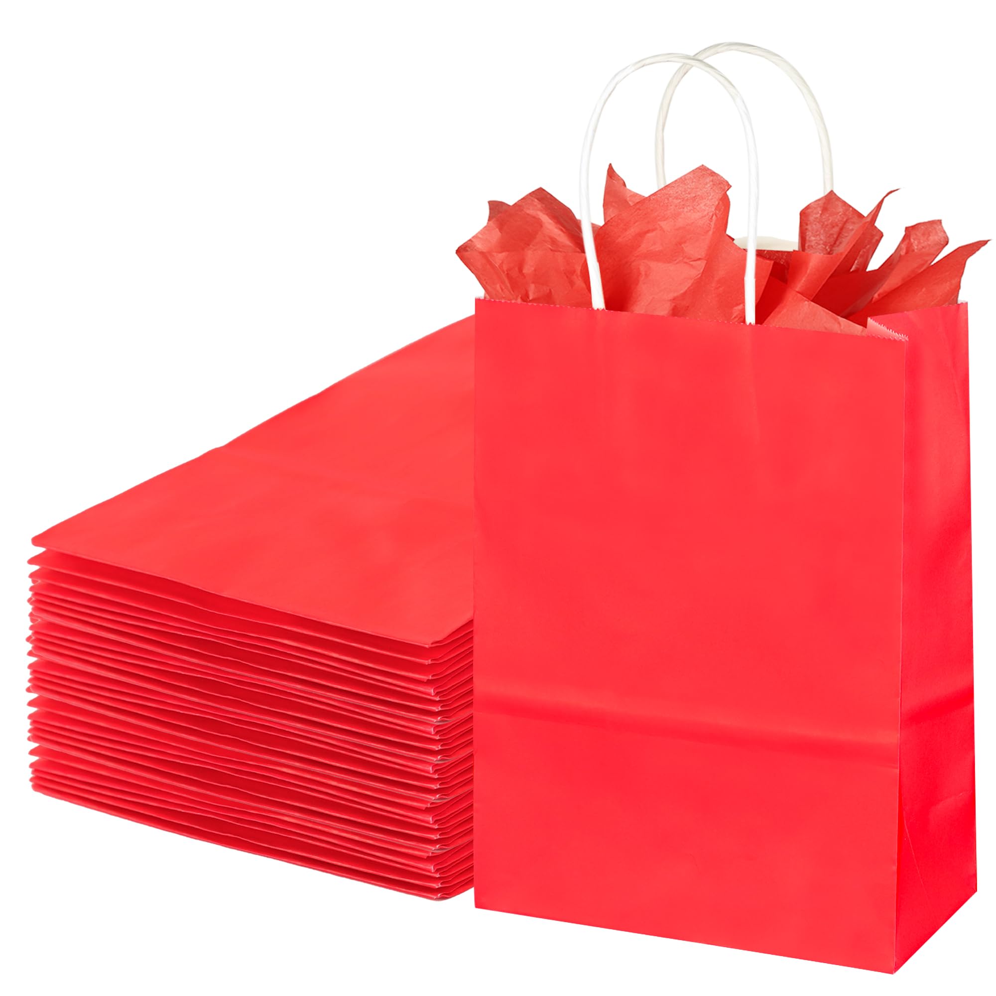 32 Pcs Small Gift Bags with 32 Tissues, Red Party Bags with Handles, Paper Bag for Birthday, Shopping, Party Supplies, 22 x 16 x 8cm