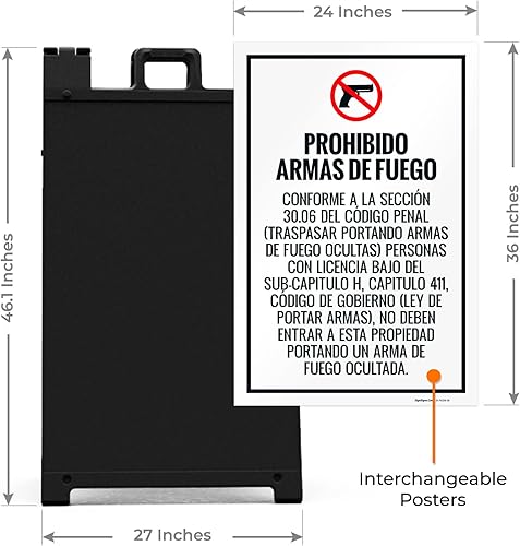Miniatura 3 de Handguns Prohibited Pursuant To Section 3006 Penal Code Spanish Sidewalk Sign Kit 24x36 Inches With A Frame Stand Made in USA by Sigo Signs