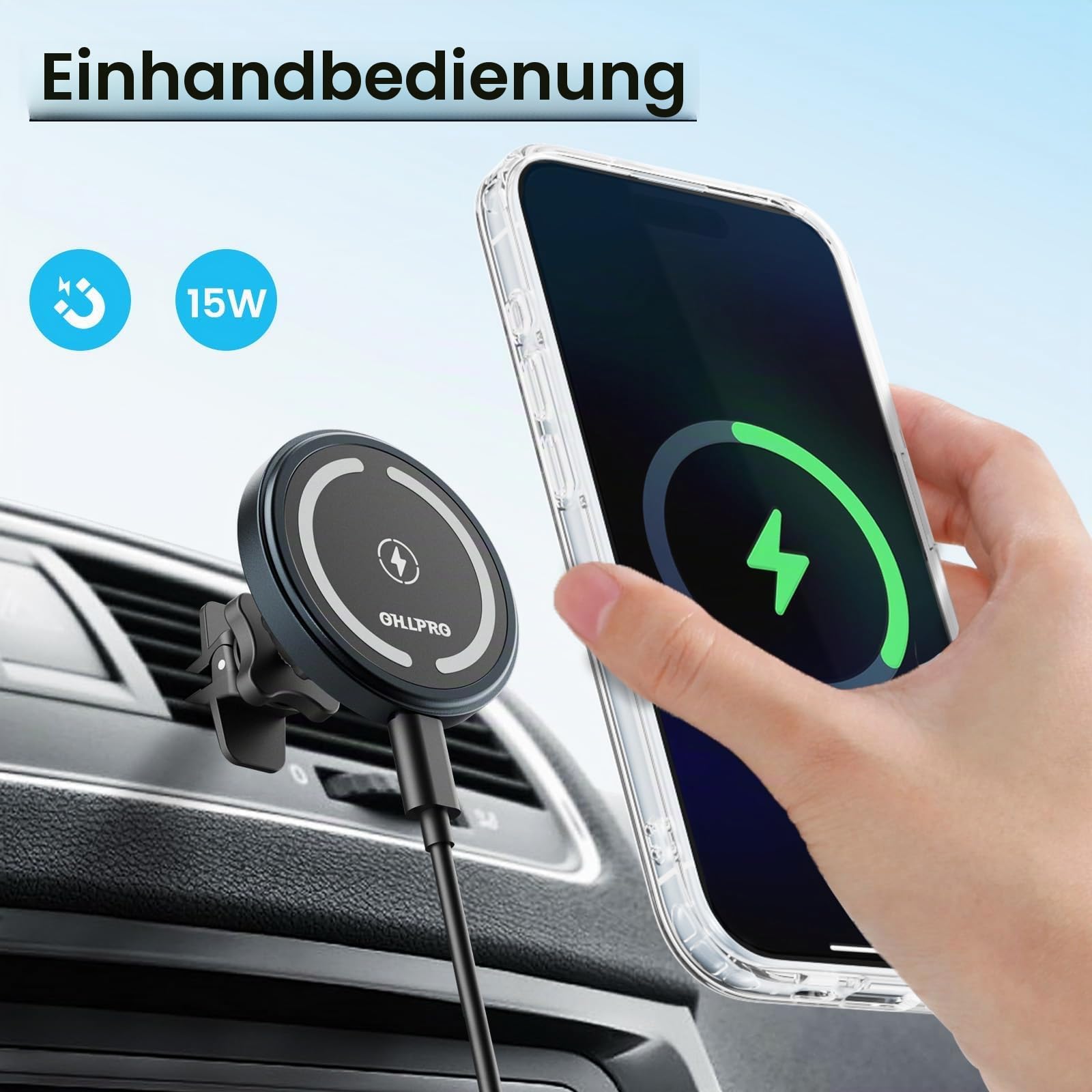 OHLPRO MagSafe Kfz-Ladehalterung, 15 W QC 3.0 Schnellladung für iPhone 17 Pro Max, Pro, Plus, 16, 15, 14, 13, 12 Serie, Selbstklebende Handyhalterung für Armaturenbrett und Lüftungsschlitze