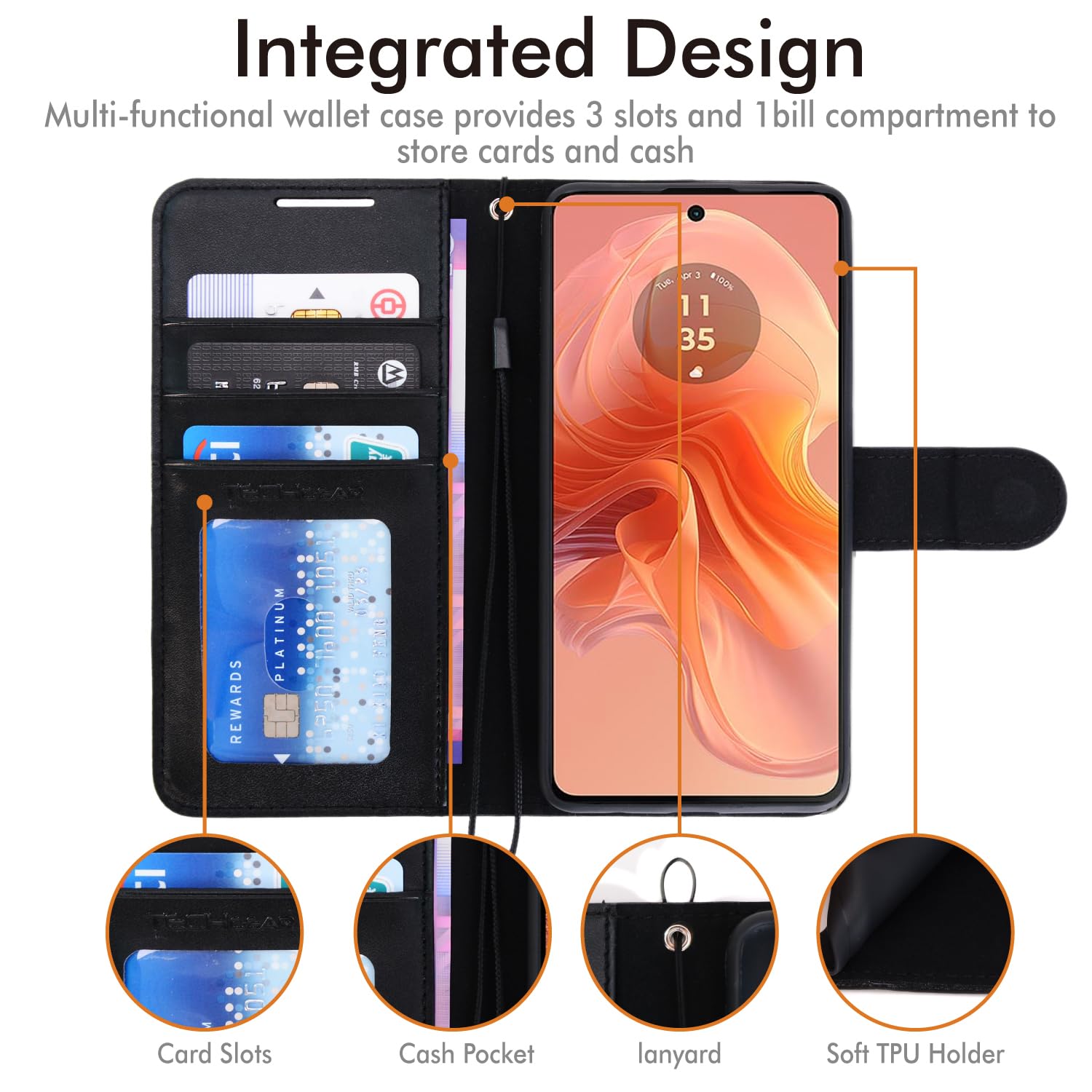 TECHGEAR Moto G04 / Moto E14 / Moto G24 / Moto G04s skórzane etui portfelowe na telefon, etui ochronne z klapką z [blokowanie RFID] uchwyt na karty, stojak i pasek na nadgarstek, czarna skóra PU z