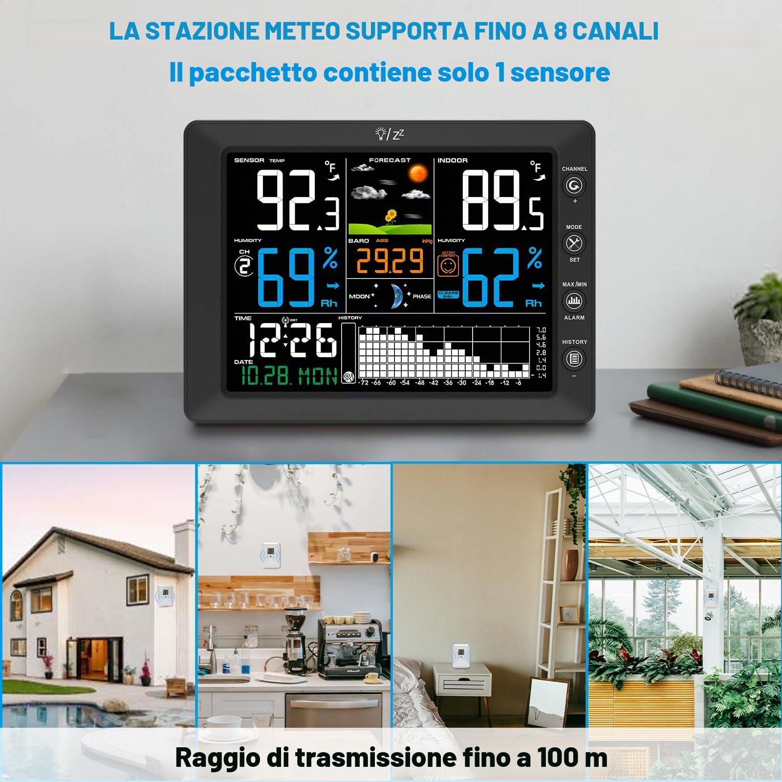 Urageuxy Stazione meteo radio con sensore esterno, orologio radio DCF con grande display a colori, termometro interno esterno, igrometro, previsioni meteo, distanza di trasmissione, misurazione della