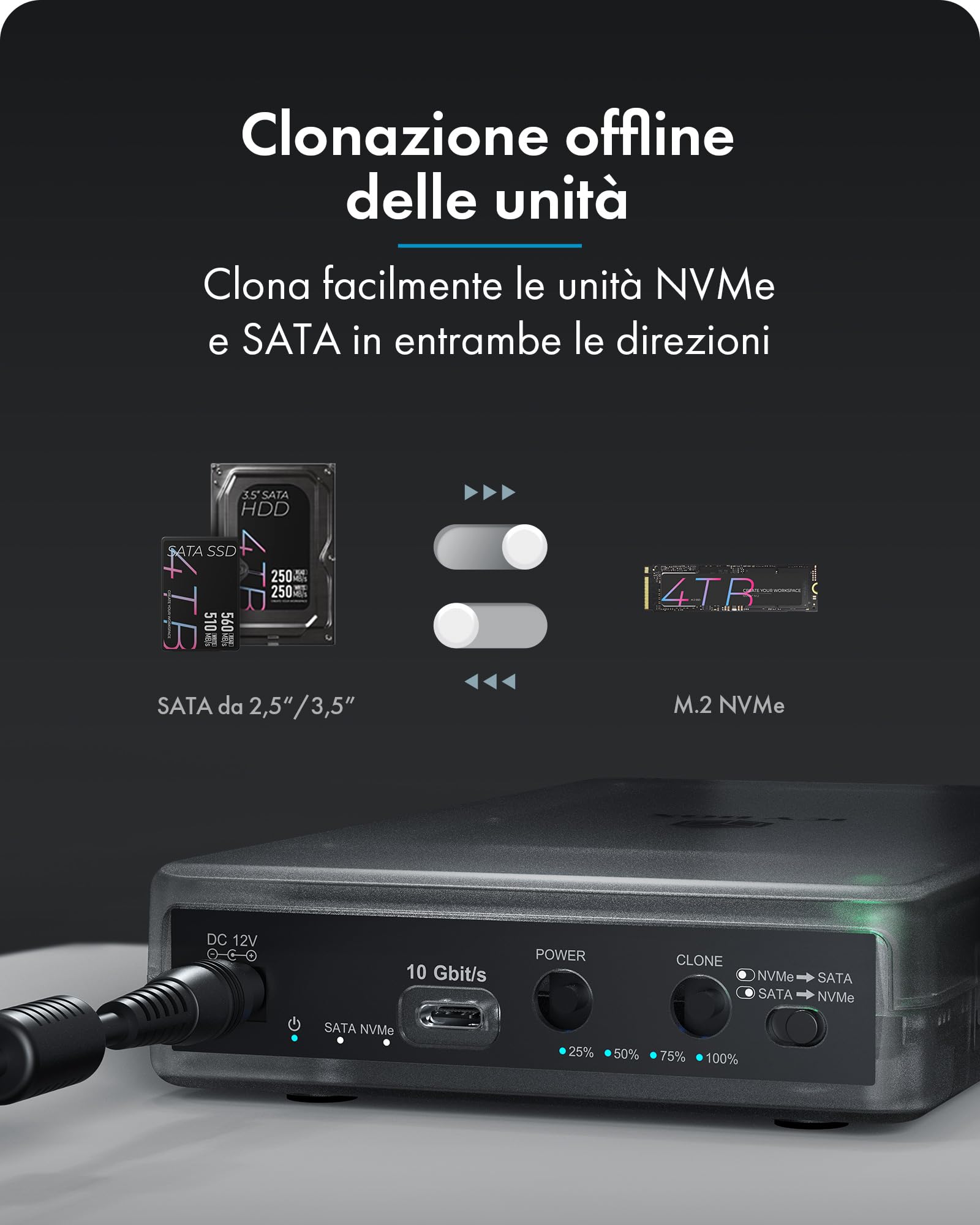 ICY BOX Spade Clone 3882 Docking Station e stazione di clonazione per SSD M.2 NVMe e HDD/SSD SATA 2,5"/3,5", USB-C 3.2 Gen 2 (10 Gbps), clonazione offline, HotSwap, IB-3882MSCL-CU31