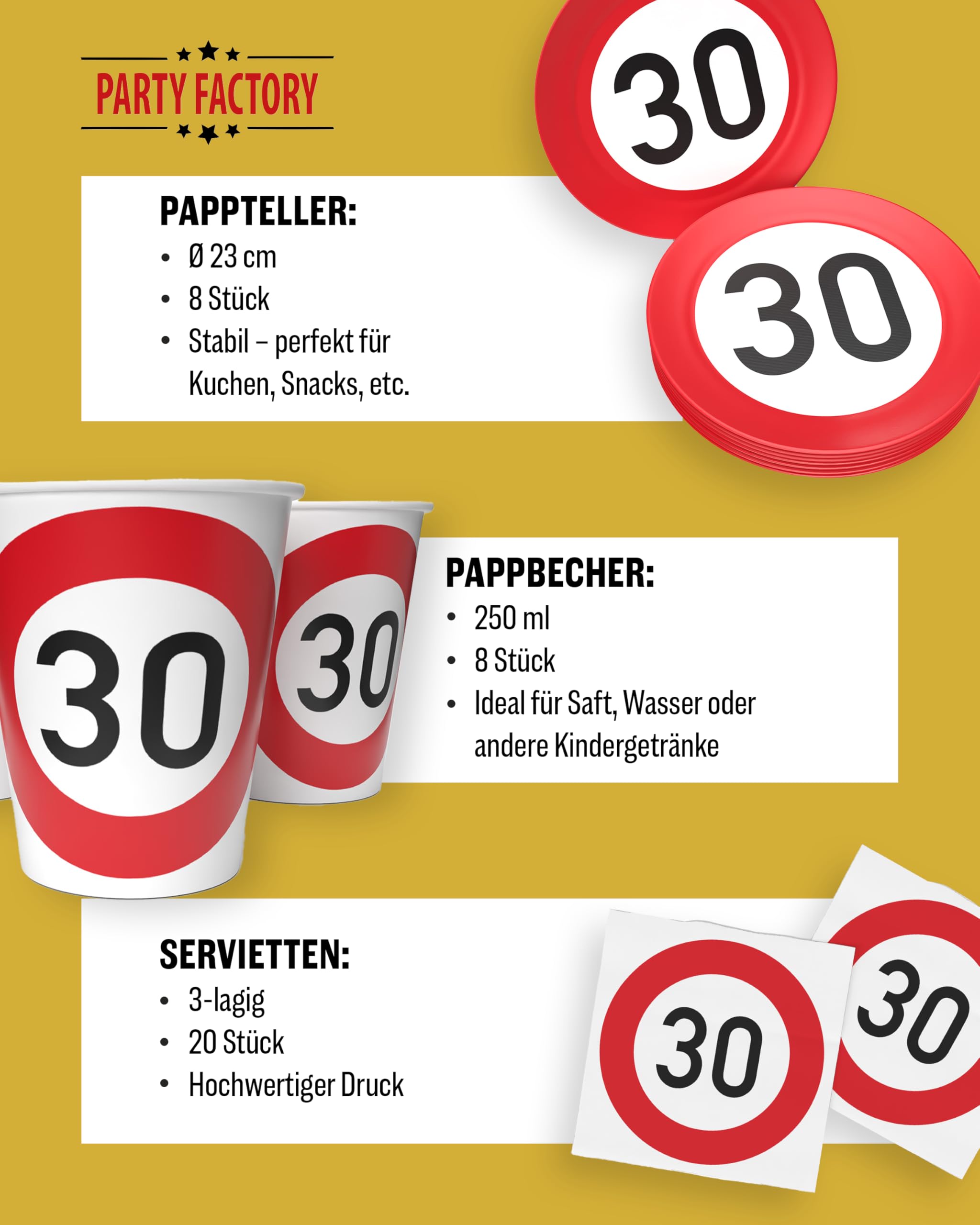 Party Factory 5-teiliges Party Set Happy Birthday 30 mit 8 Papptellern, 8 Pappbechern, 20 Servietten, 10 Folienballons und 1 Heliumflasche für bis zu 30 Ballons