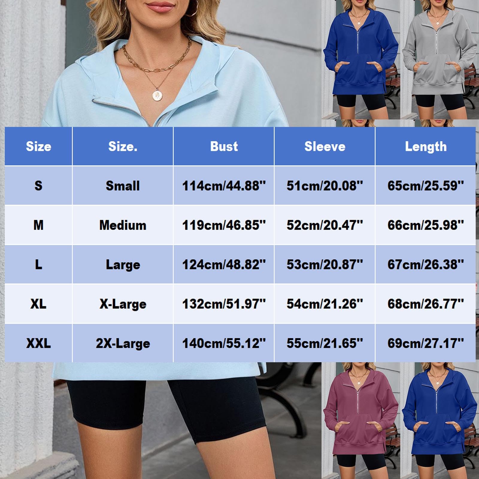 Hoodie Damen Oversize Pullover mit Halbreißverschluss und Taschen Kapuzenpullover Casual Weich Langarmshirt Einfarbig Loose Fit Kapuzenpulli Fashion Bequem Sweatshirt Klassische Oberteil S-XXL